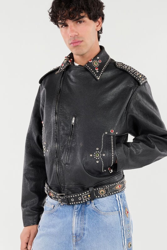 RC Leather Biker Jacket with Studs and Stones RC Leather Biker Jacket with Studs and Stones Black VRP874-PM040