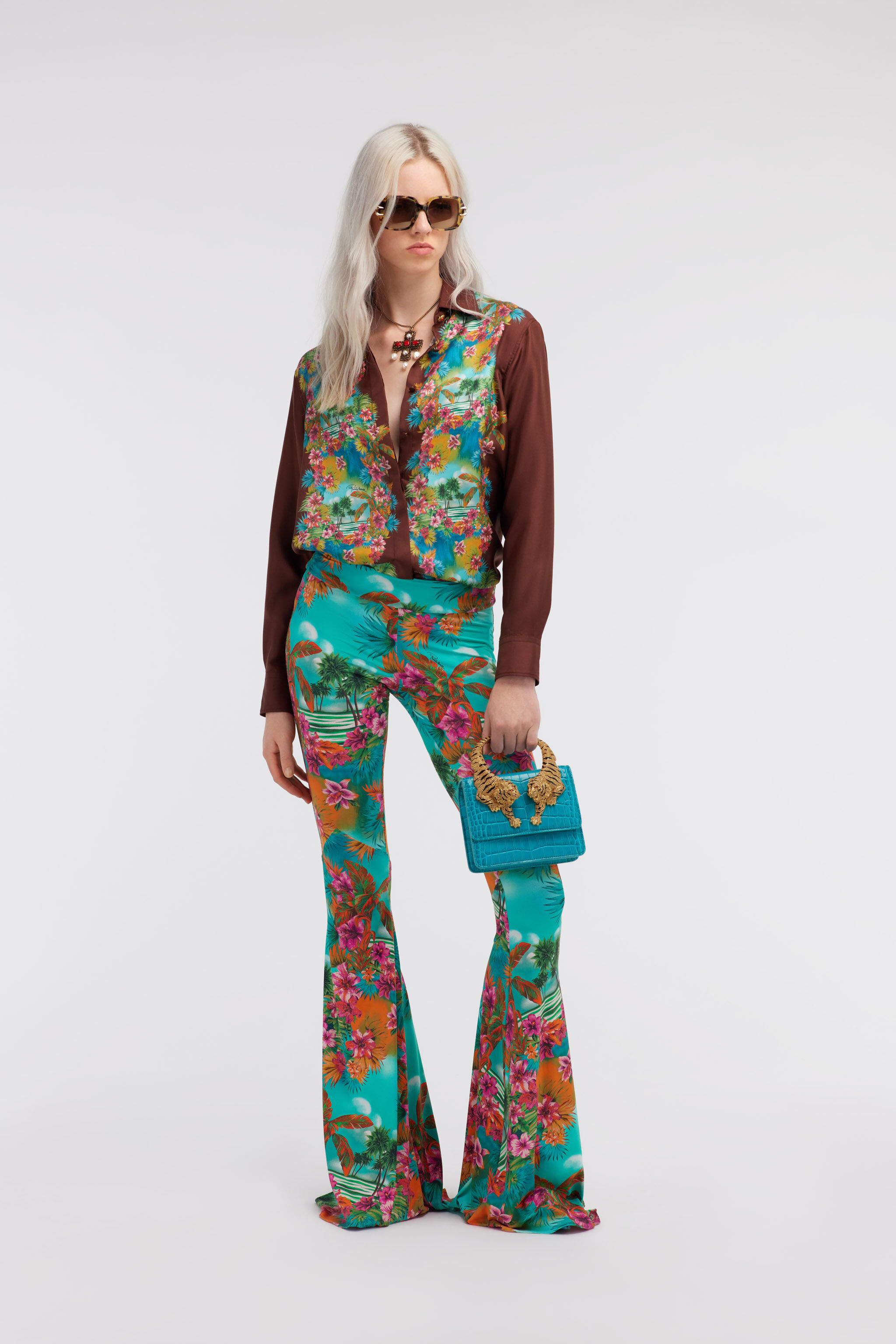 RC Hawaii silk Shirt Dunkelbraun/Hellblau SKT704-4QL29