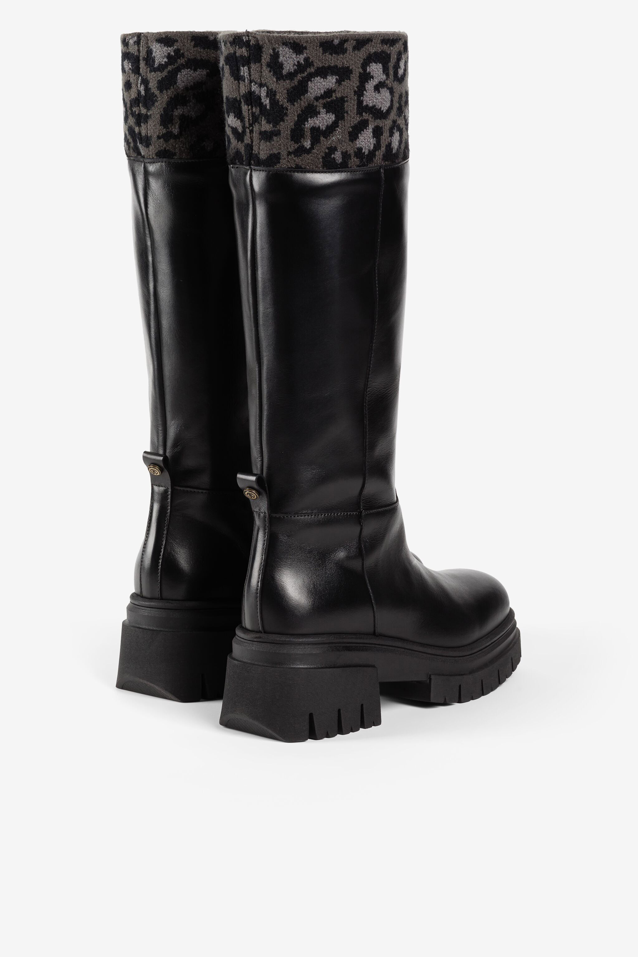 RC Kniehohe Stiefel aus Leopard-Jacquard Schwarz JSS01P-PN021