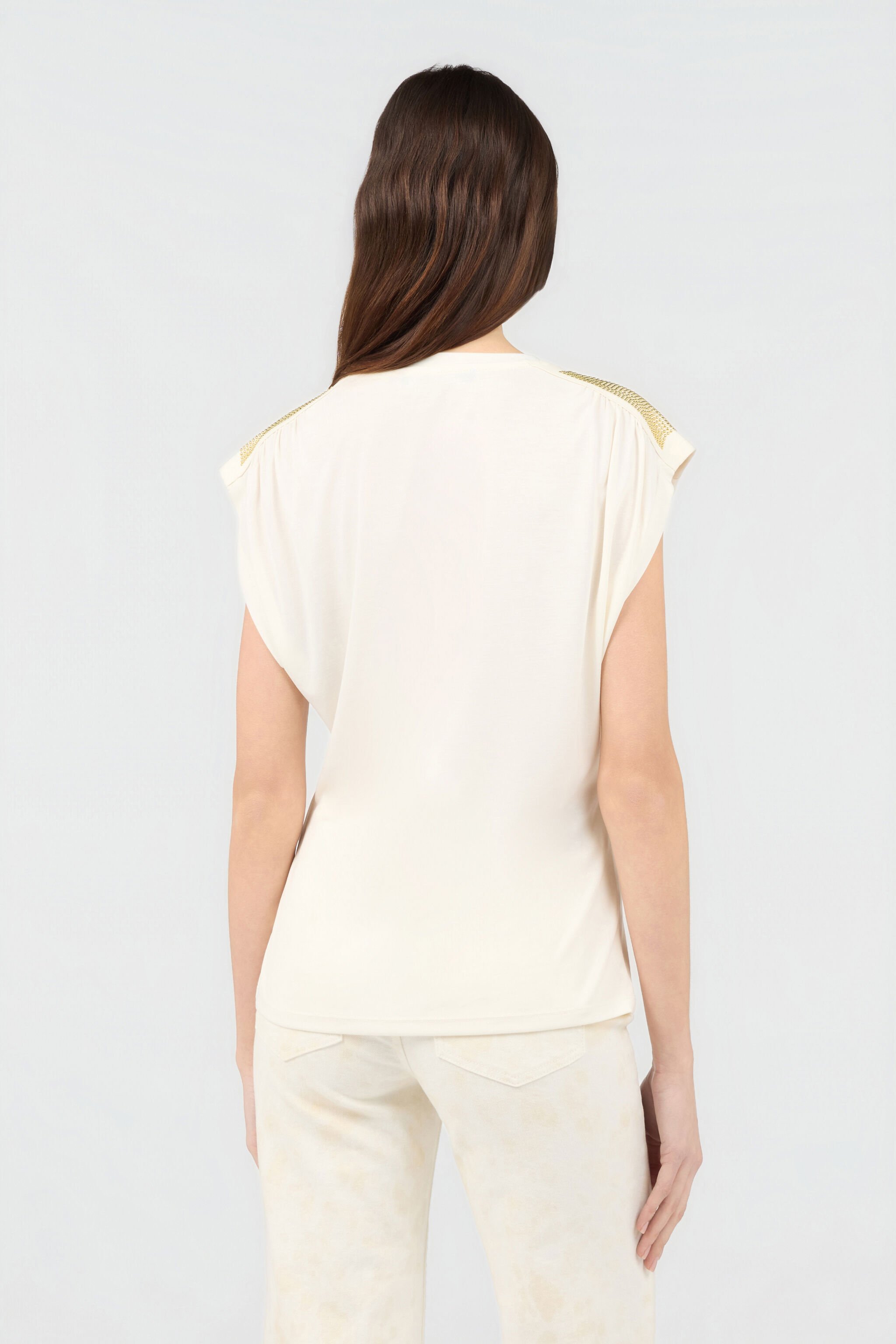 RC Elfenbeinfarbenes T-Shirt mit Logo und goldenen Applikationen IVORY SOT60K-1H003