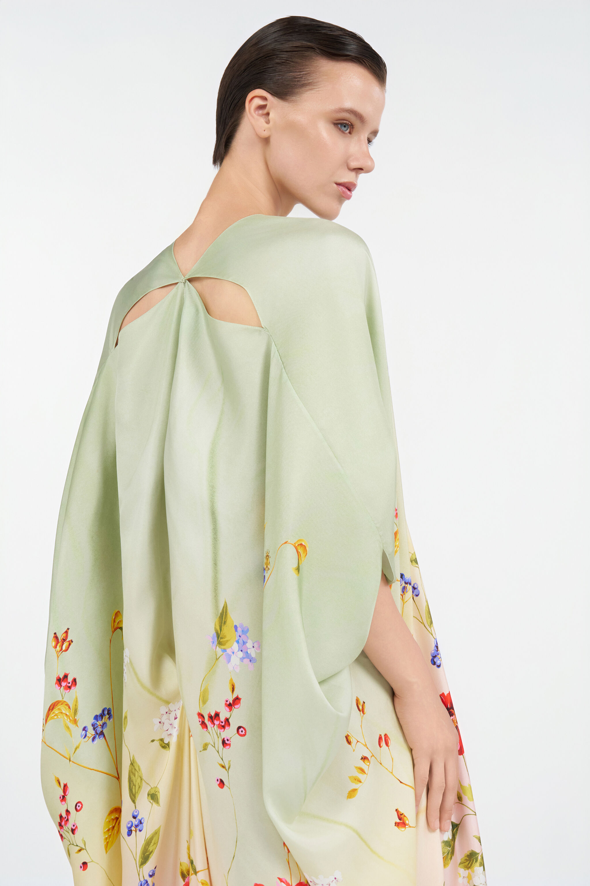 Silk Kaftan with Miami Flowers Print in GREEN/FUCHSIA for Women