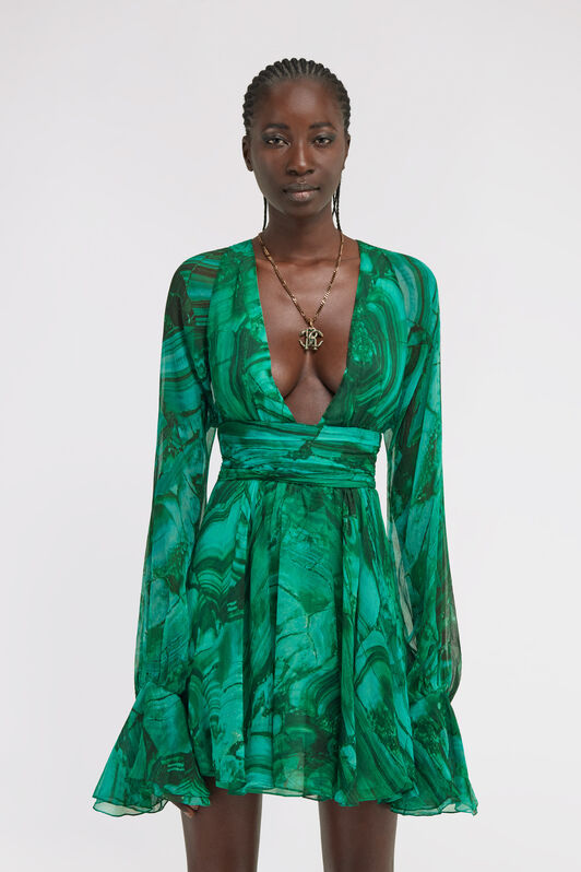 RC Malachite Print Silk Mini Dress Green TKT136-CKN06