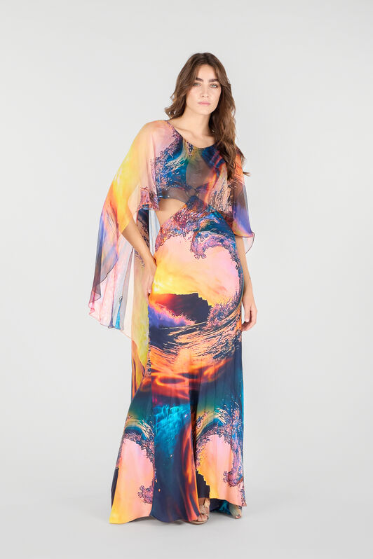 RC Langes Kleid mit Itaca-Print und Cape Blau/Orange UWT108-RYN98