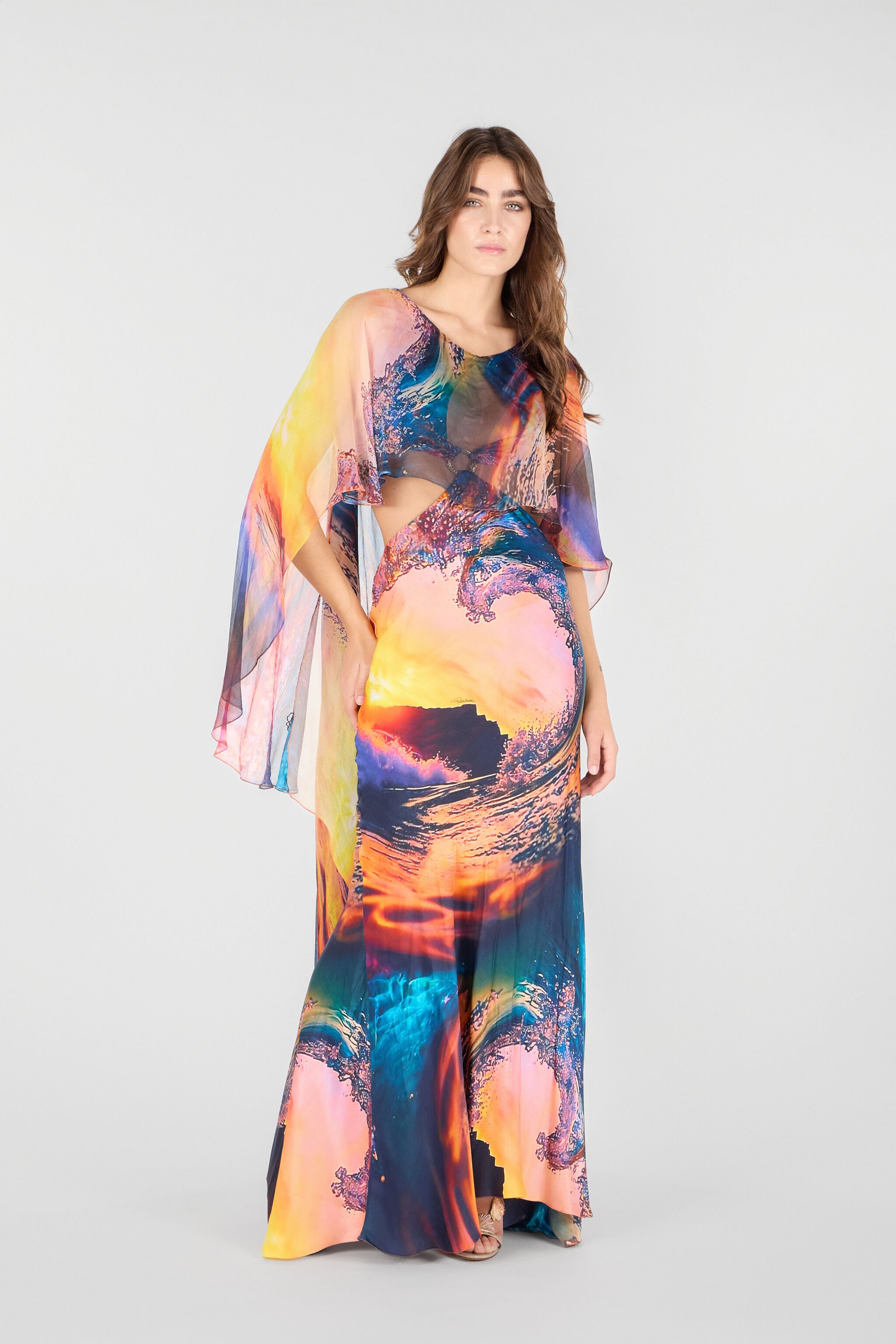 RC Langes Kleid mit Itaca-Print und Cape Blau/Orange UWT108-RYN98