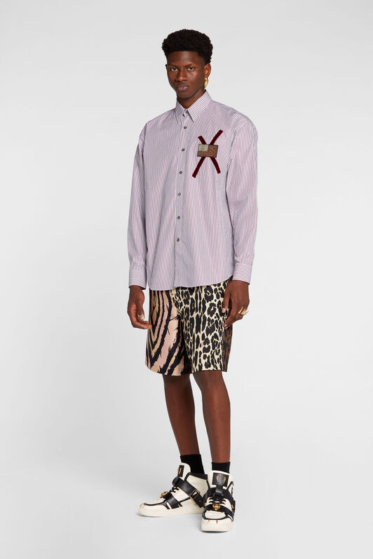 RC Animalier Patchwork-Print Appliqué Striped Shirt RC Animalier Patchwork-Print Appliqué Striped Shirt WHITE/BURGUNDY ORT743-CH088