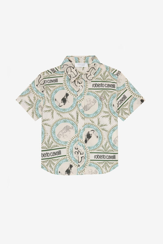 JU Camisa Estampado Animales, Monograma RC E Inscripción Marfil UJT701-7MO42