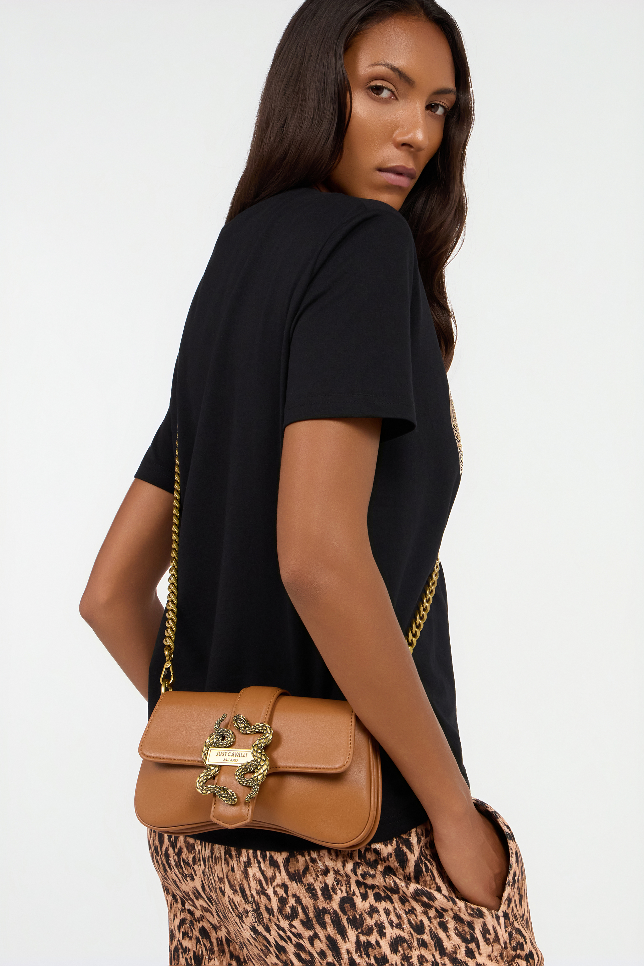 Roberto Cavalli Mirror Snake Bag In Brown