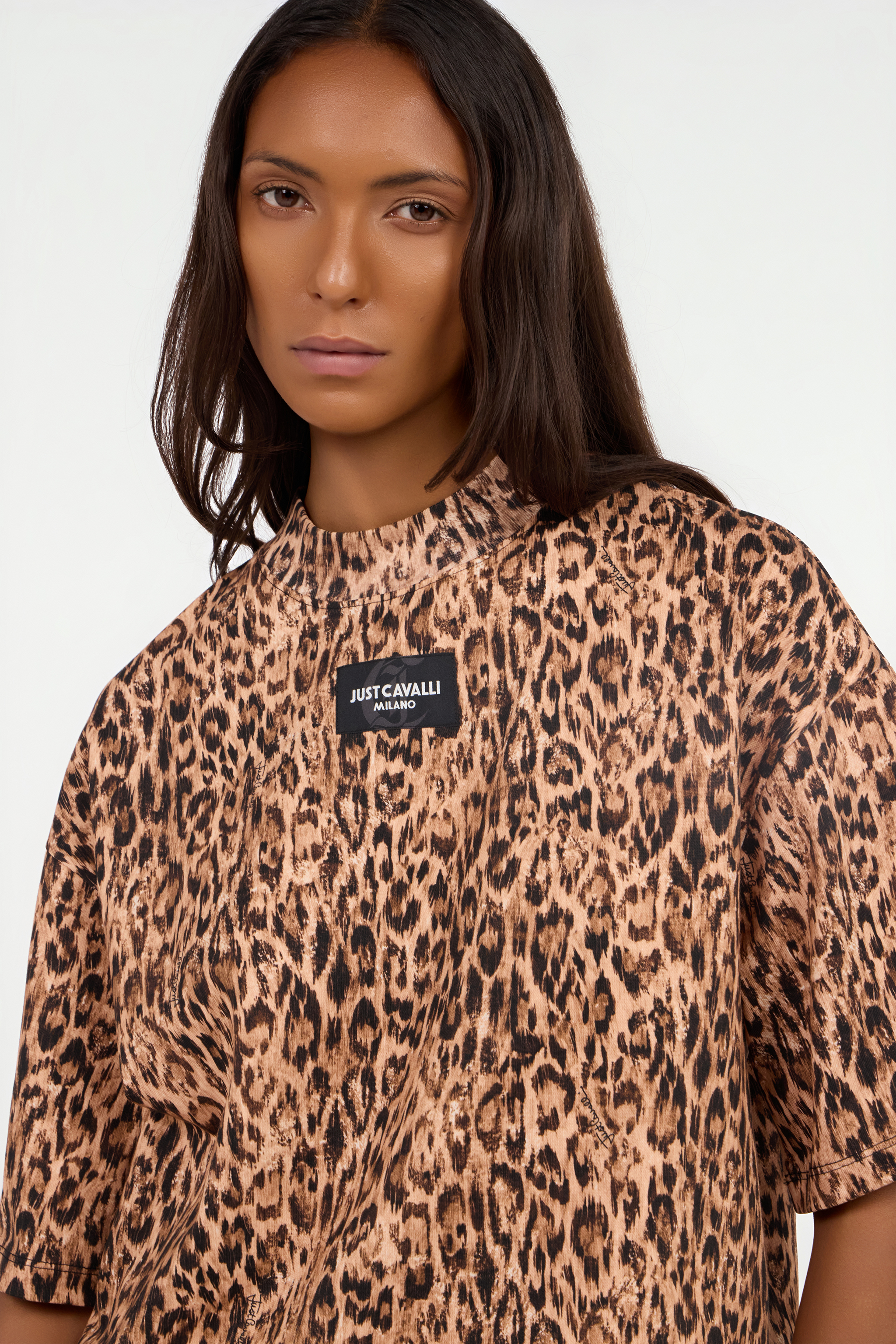 Roberto Cavalli Cotton T-shirt With Leopard Skin Print In Brown
