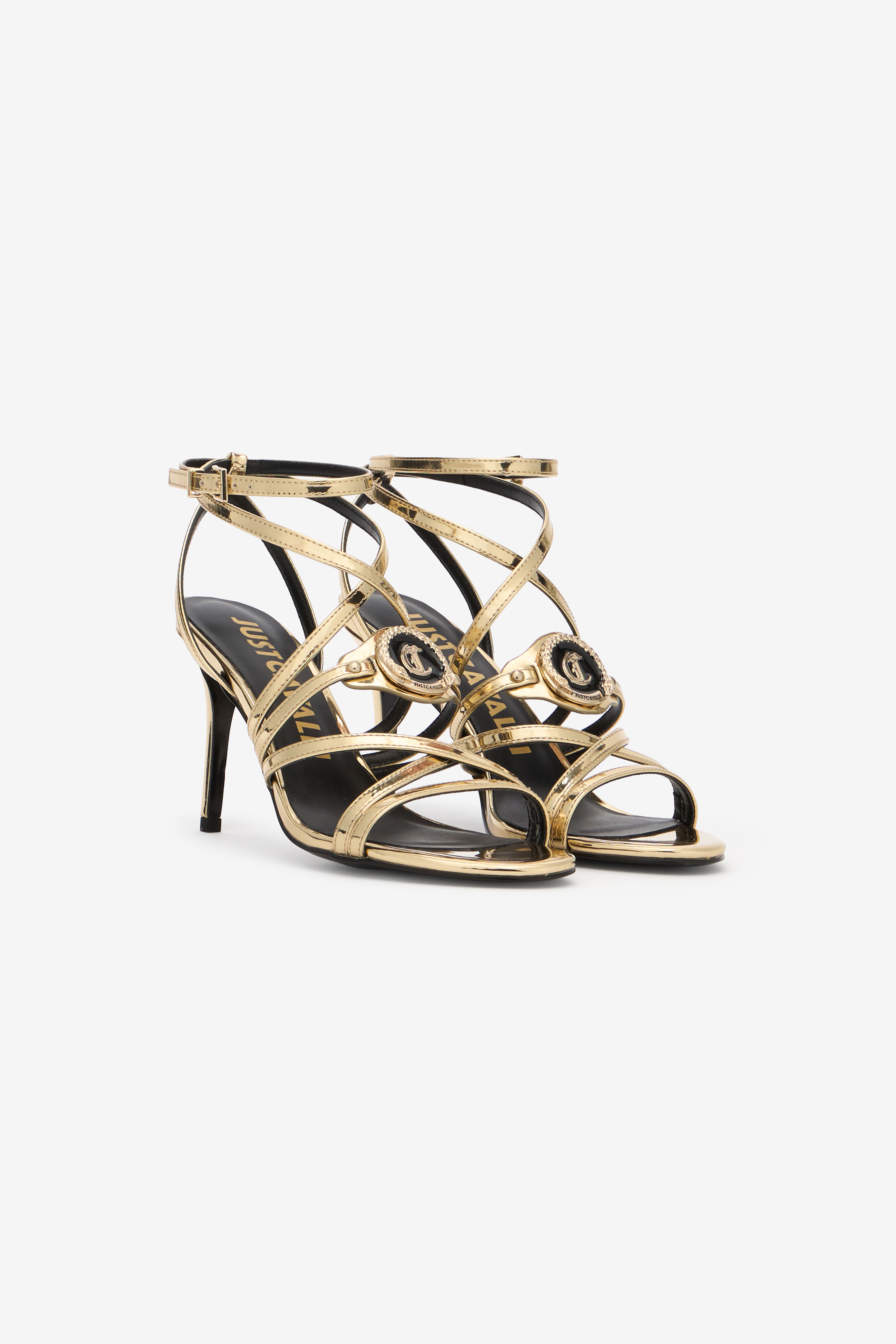 Roberto Cavalli Gold High-heel Sandals With Logo Medallion In Gold