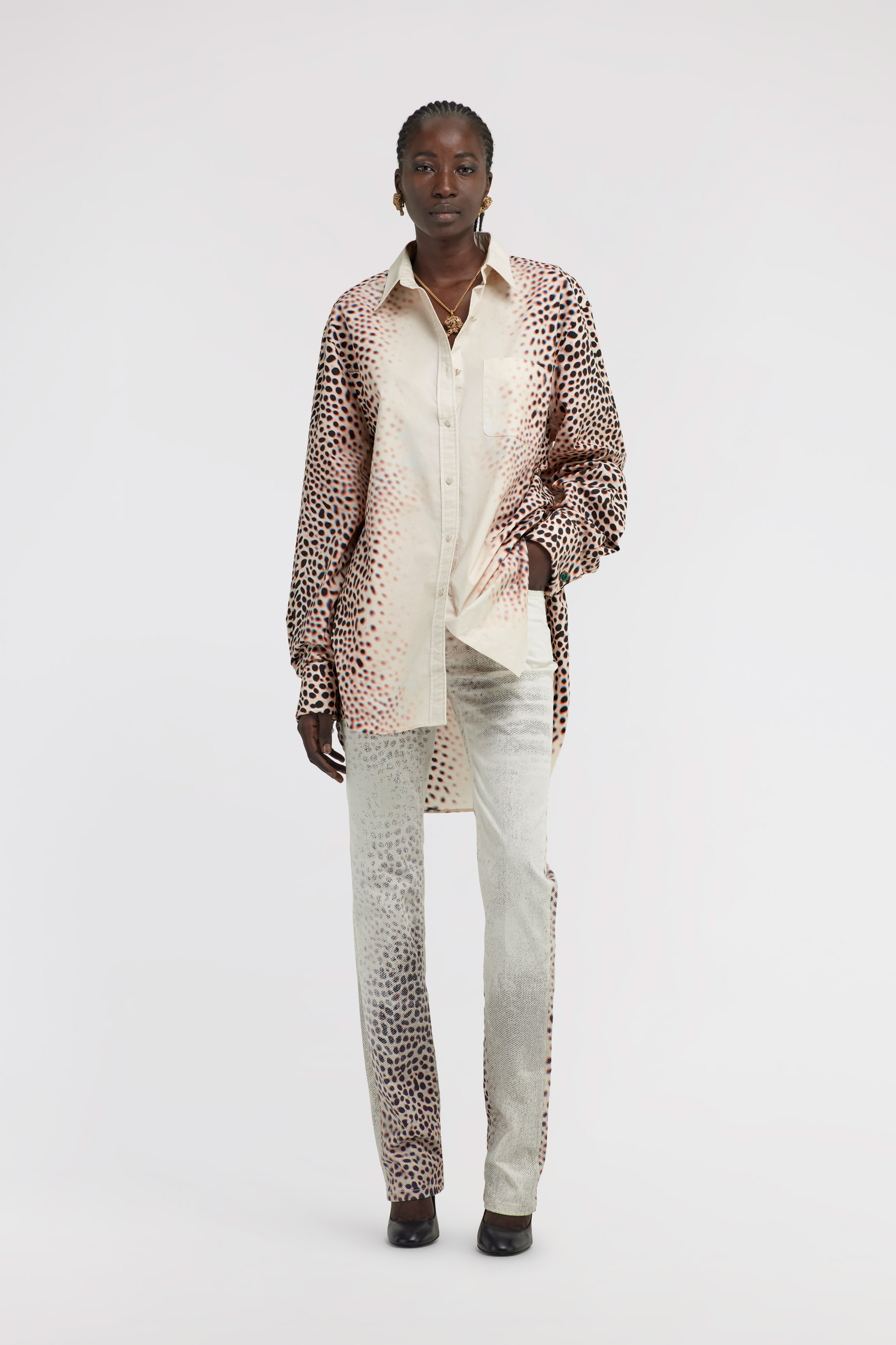 Roberto Cavalli Printed Button Down Short Shirt Dress In Ivory