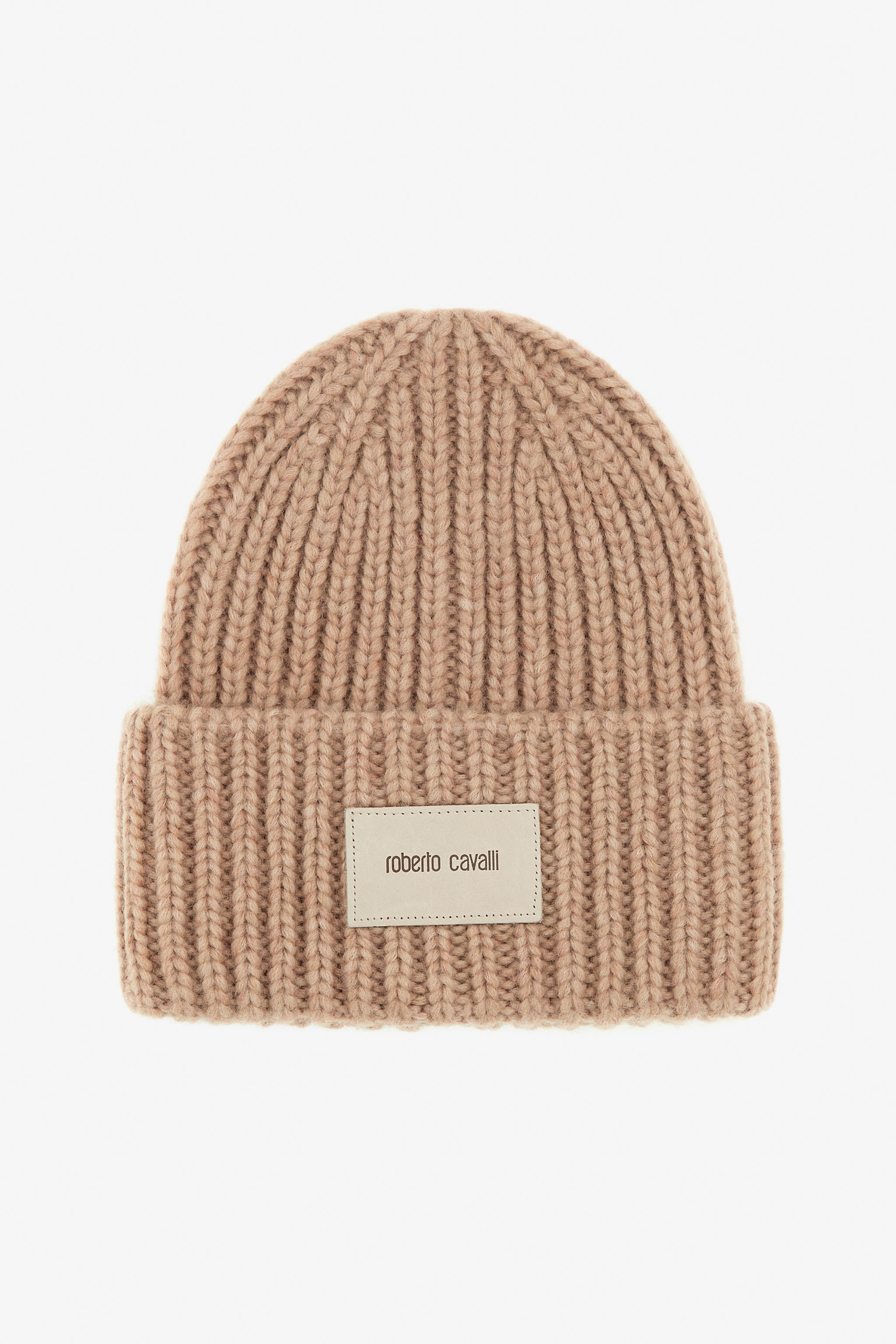 Roberto Cavalli Ribbed Alpaca Blend Beanie With Logo In Light Brown