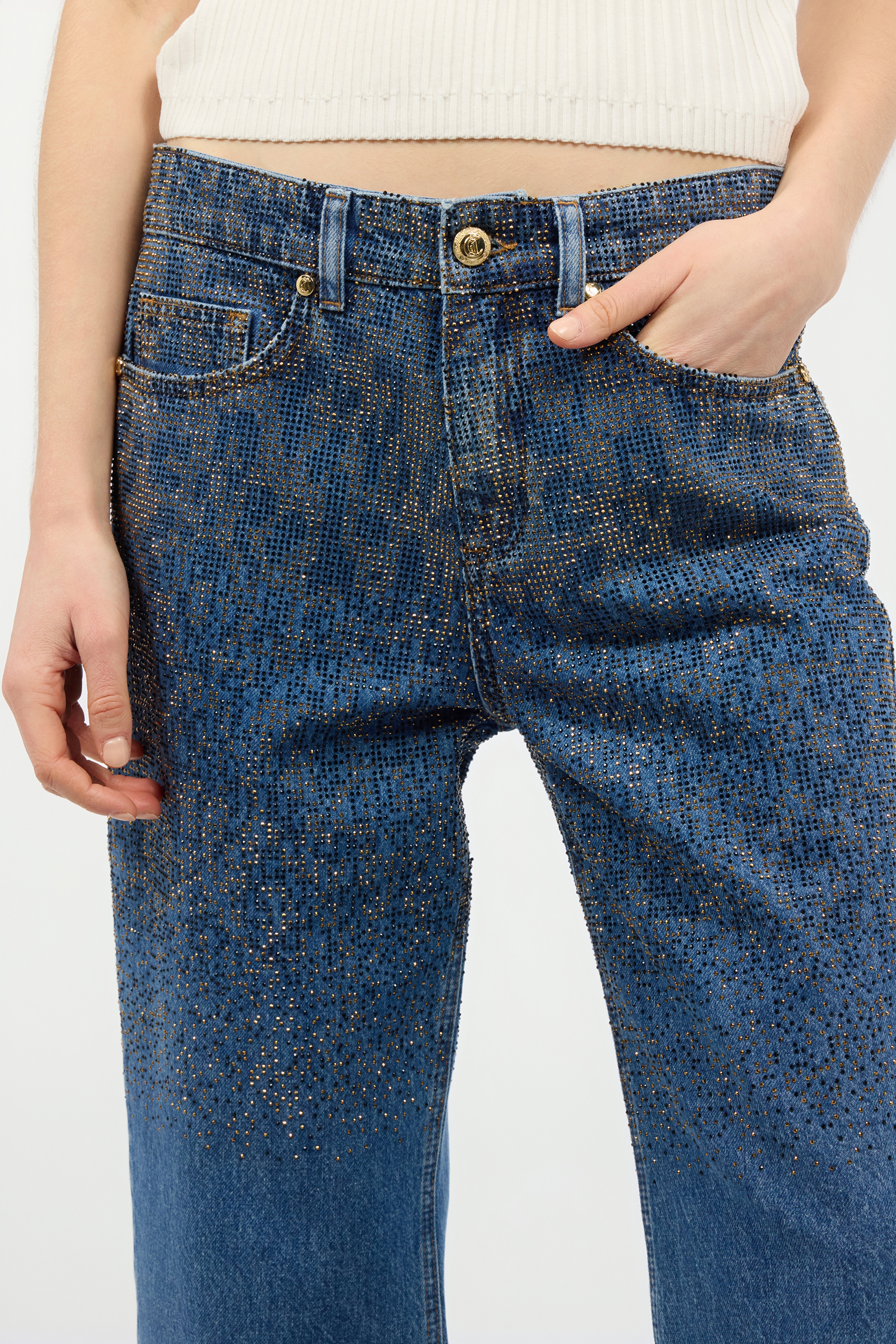 Denim Culotte Jeans With Rhinestones