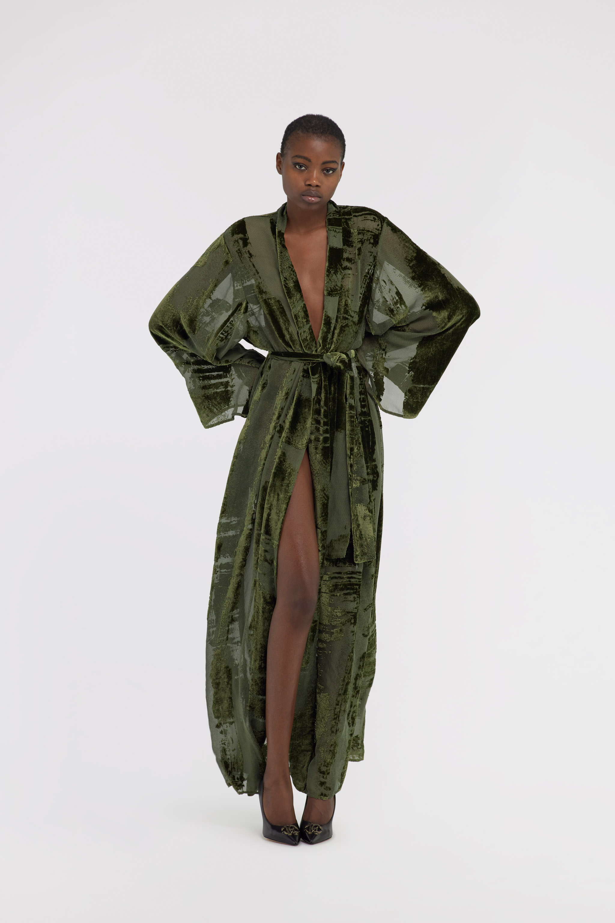 Roberto Cavalli Panelled Velvet Robe Coat In Dark Green