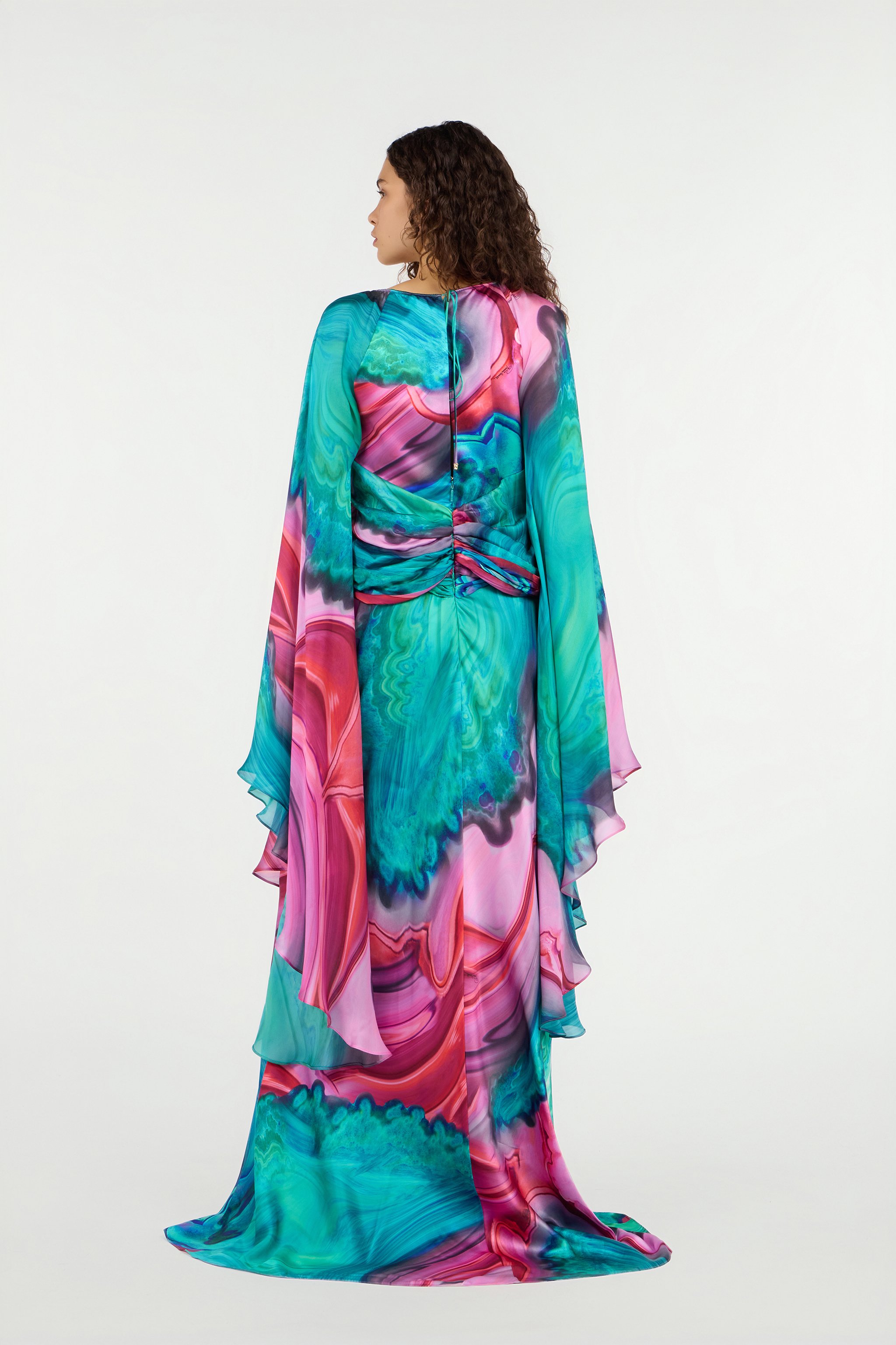 Long silk dress with cut-out and multicolor marble print