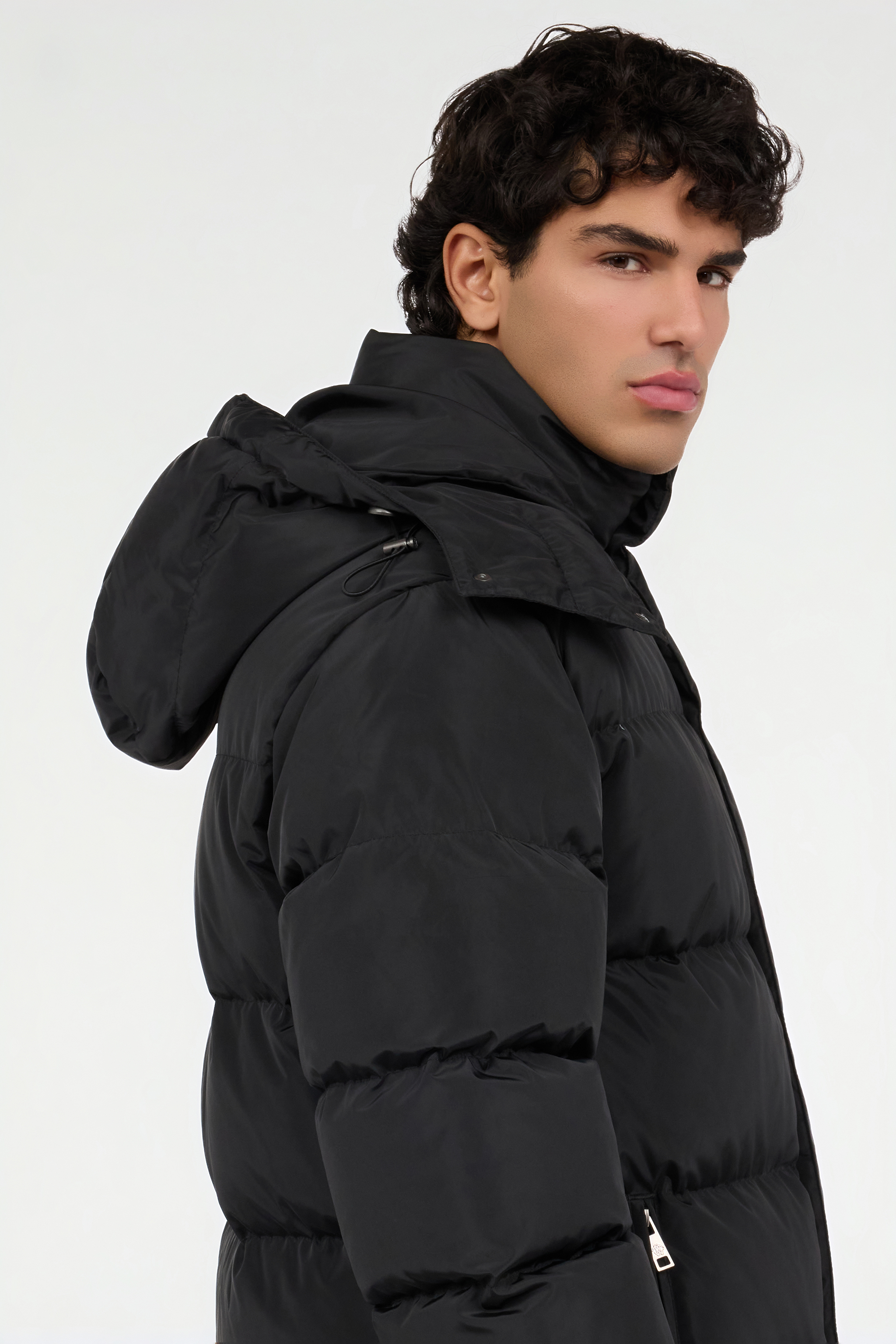 Long black down jacket with hood