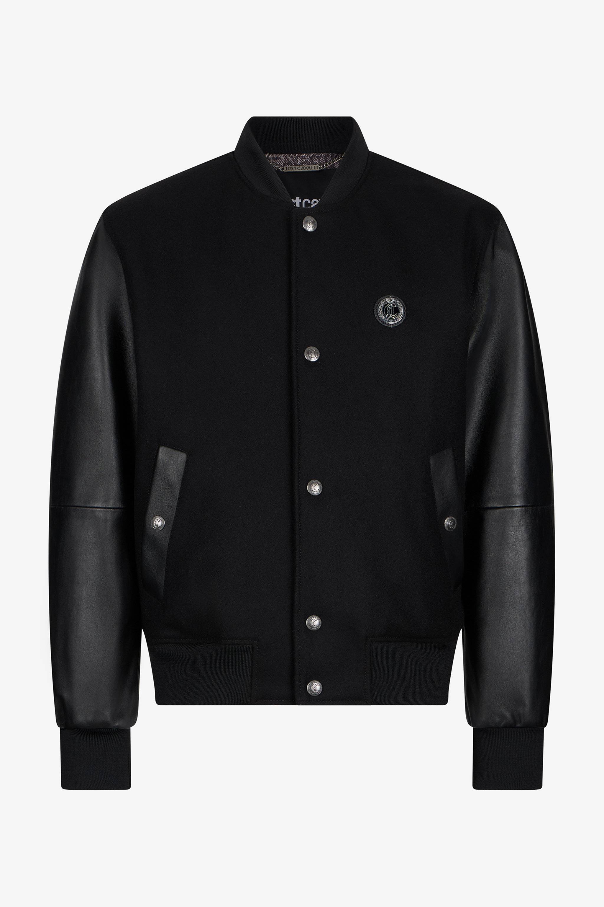 Black Bomber Jacket With Leather Sleeves