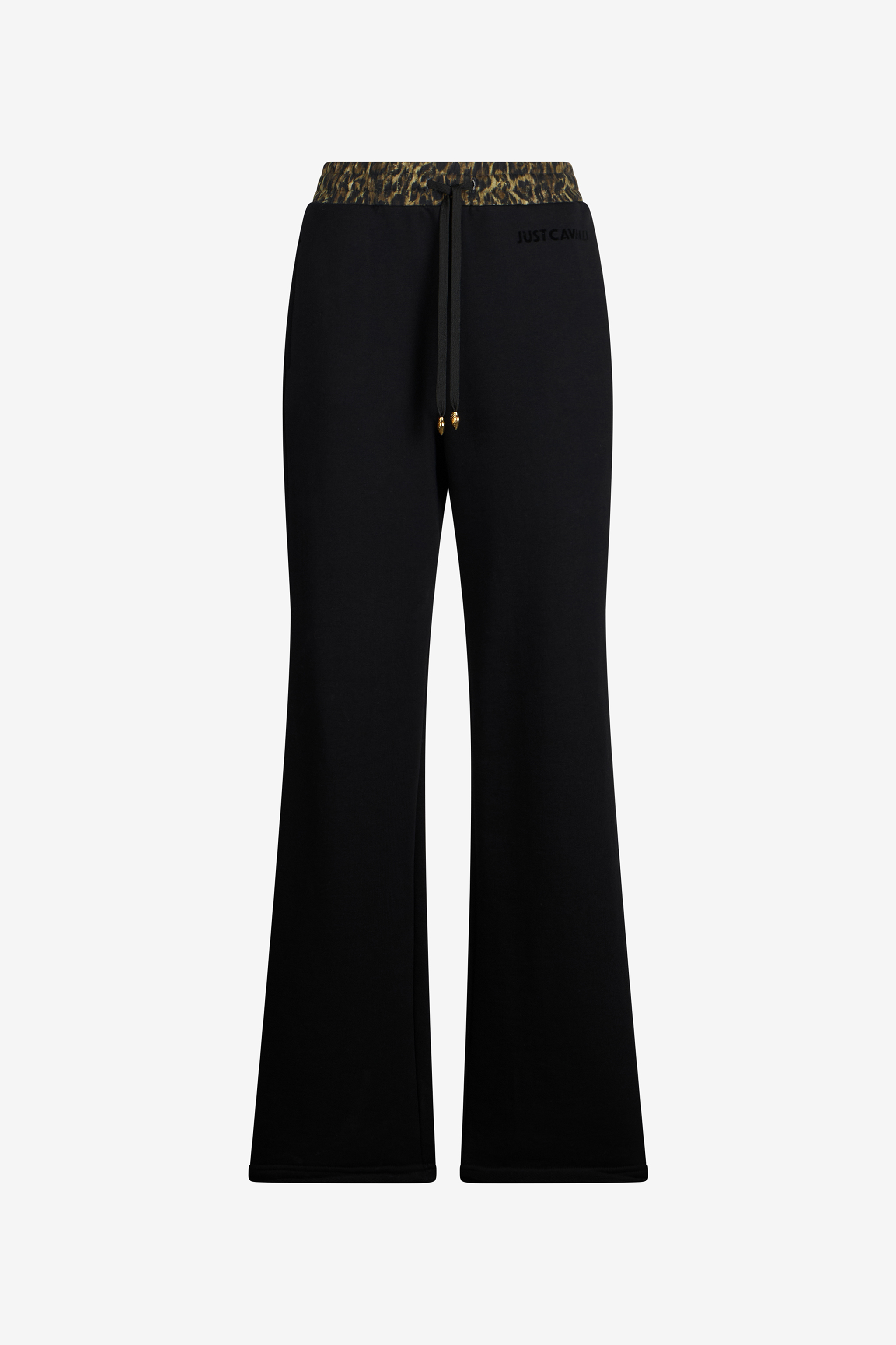 Roberto Cavalli Women's Black Flared Trousers With Leopard Print Waistband - Trousers Verde 185
