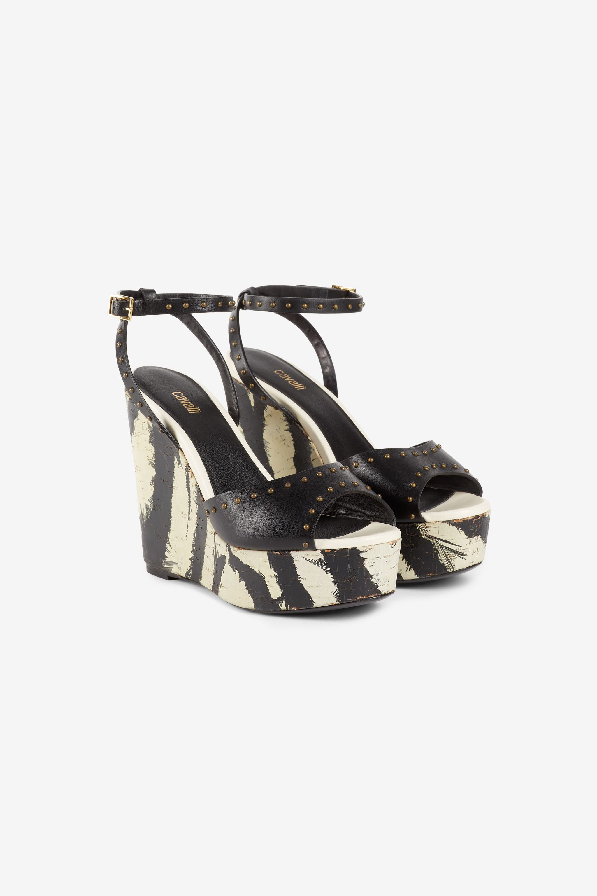 Roberto Cavalli Freedom-print Studded Wedges In Black/white