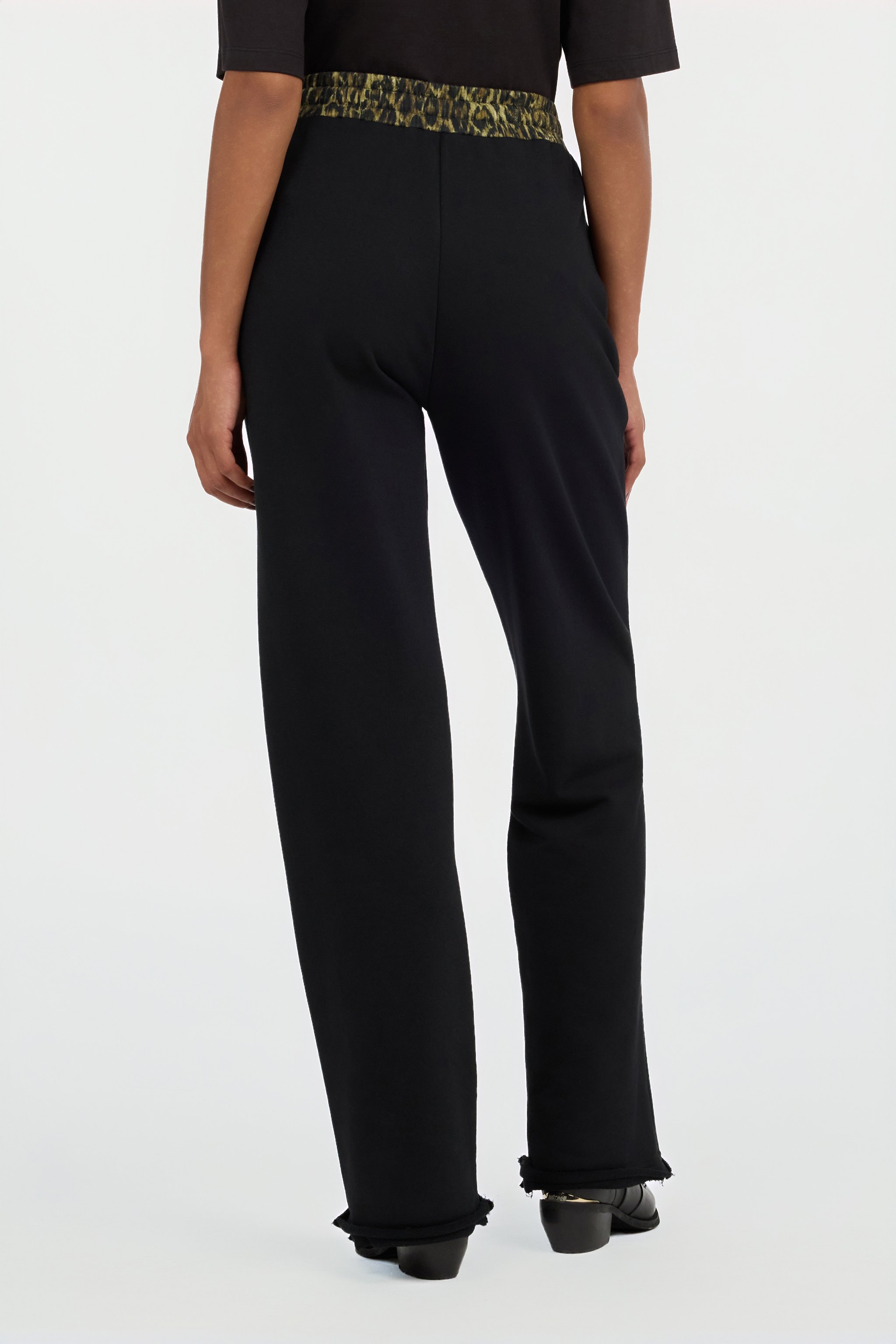 Black Flared Trousers With Leopard Print Waistband