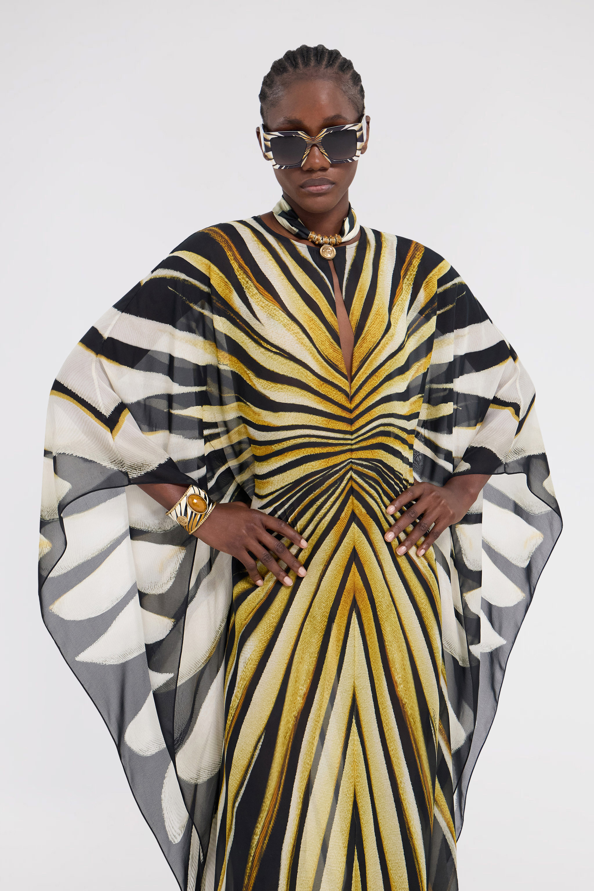 Roberto Cavalli Ray Of Gold Print Chiffon Long Caftan In Gold