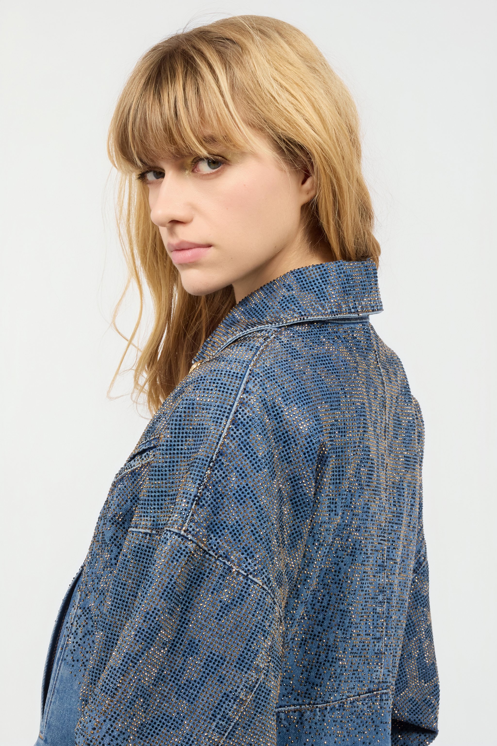 Cropped Denim Jacket With Rhinestones