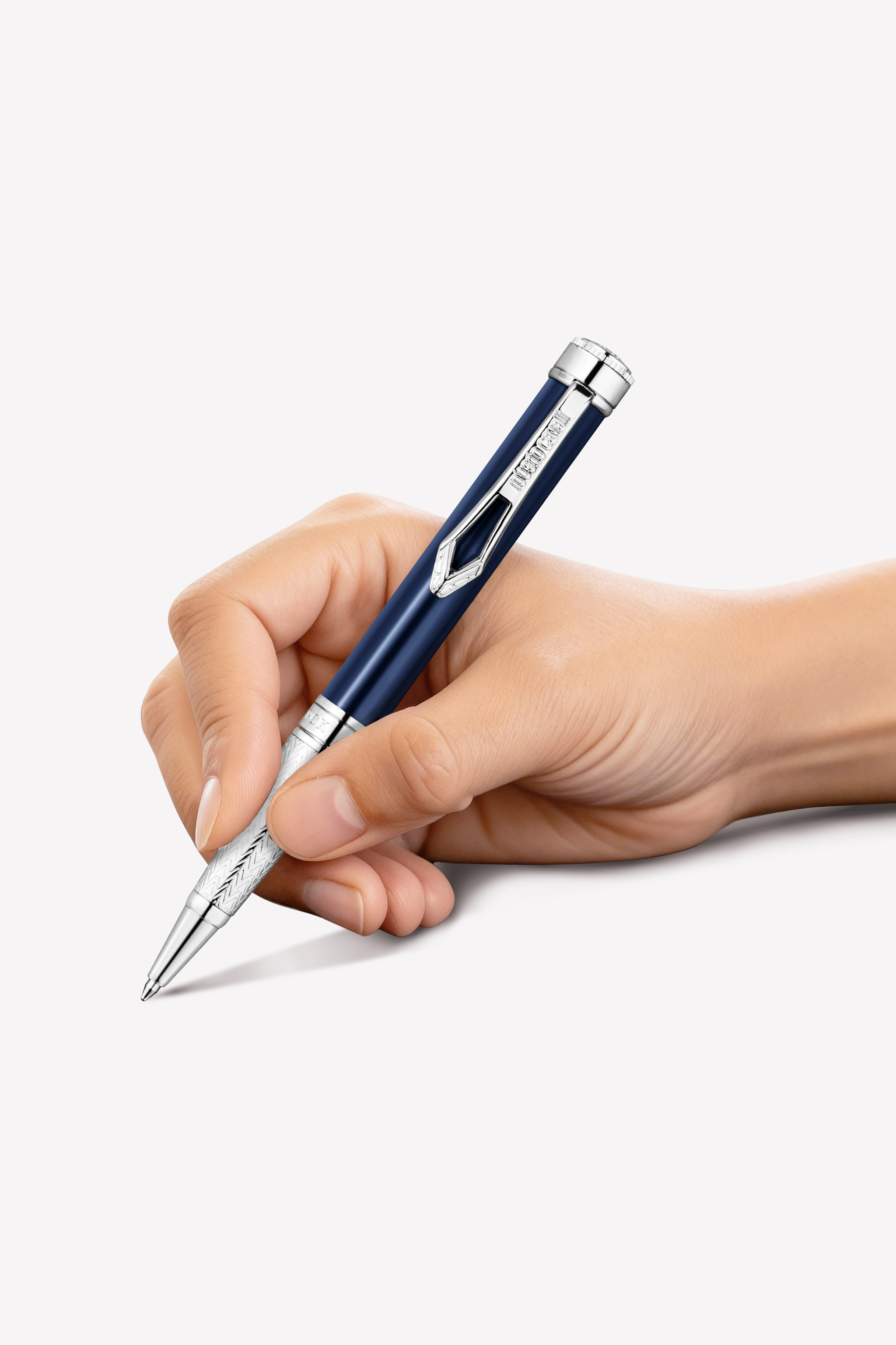 Roberto Cavalli Lacquer Ballpoint Pen, Silver Color & Dark Blue Lacquer