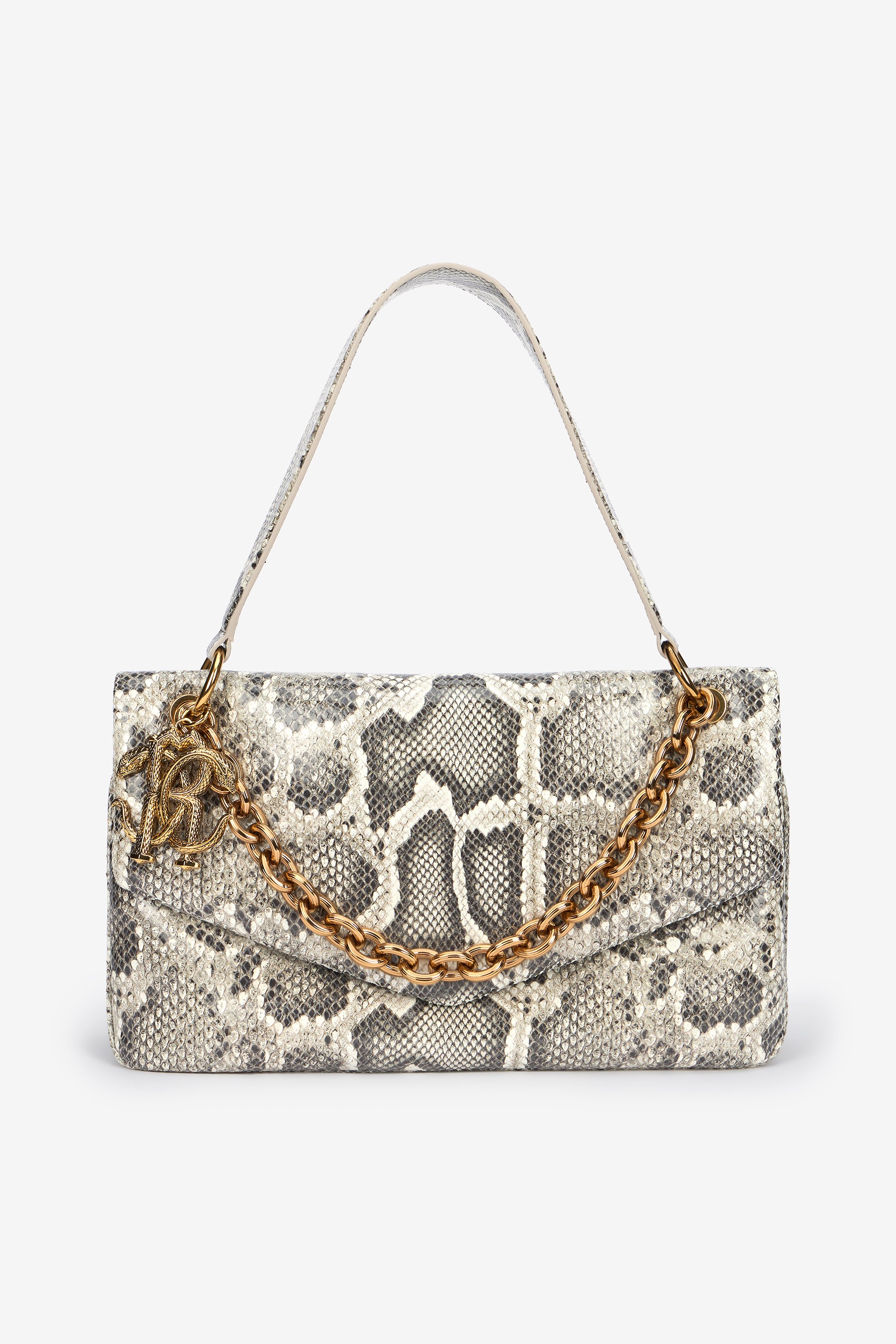 Roberto Cavalli Rock Python Print Chain Shoulder Bag In Brown