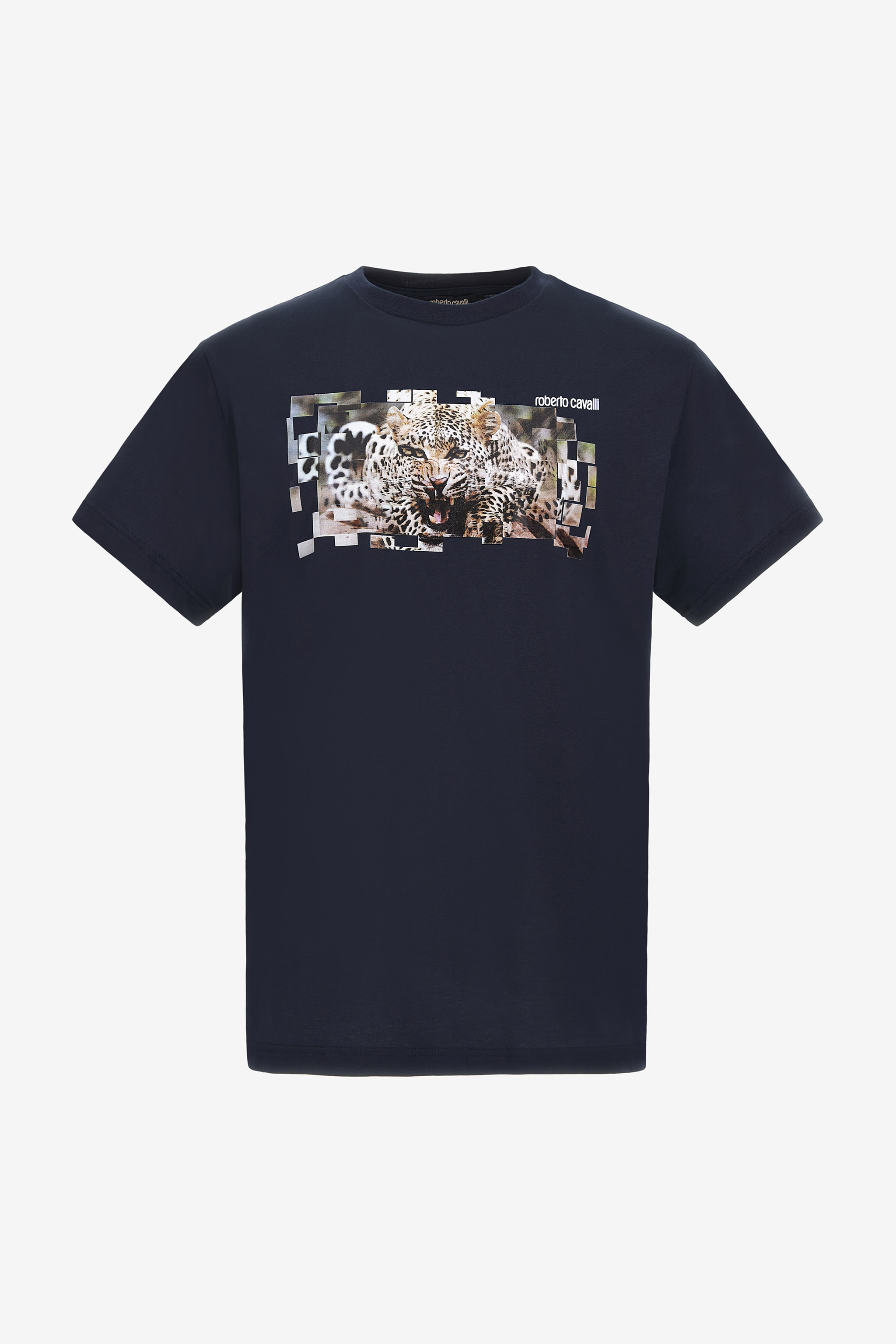 Roberto Cavalli T-shirt With Jaguar Logo And Print In Dark Blue
