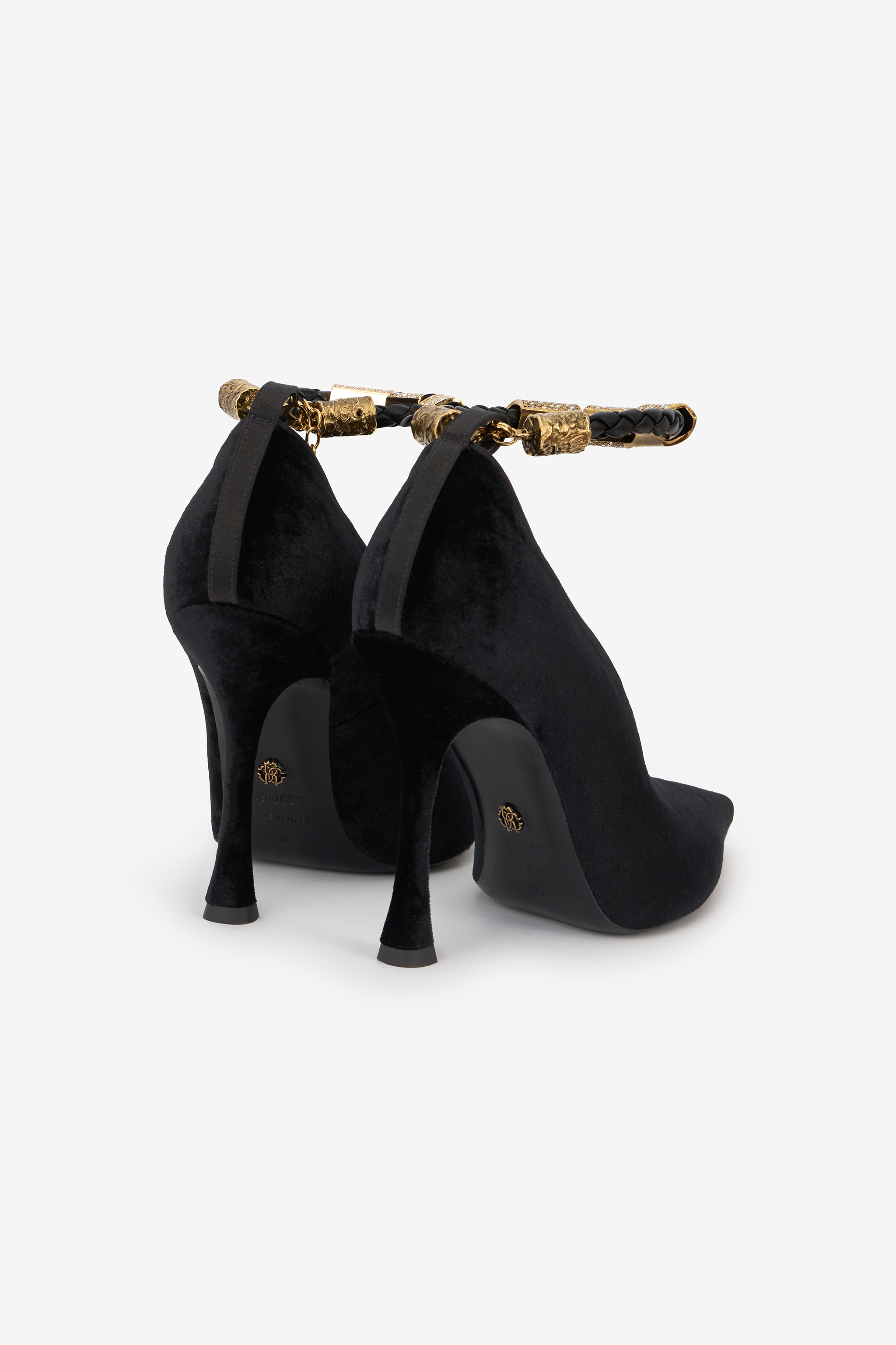 Roberto Cavalli Velvet Stiletto Heels With Jewel Anklet In Black