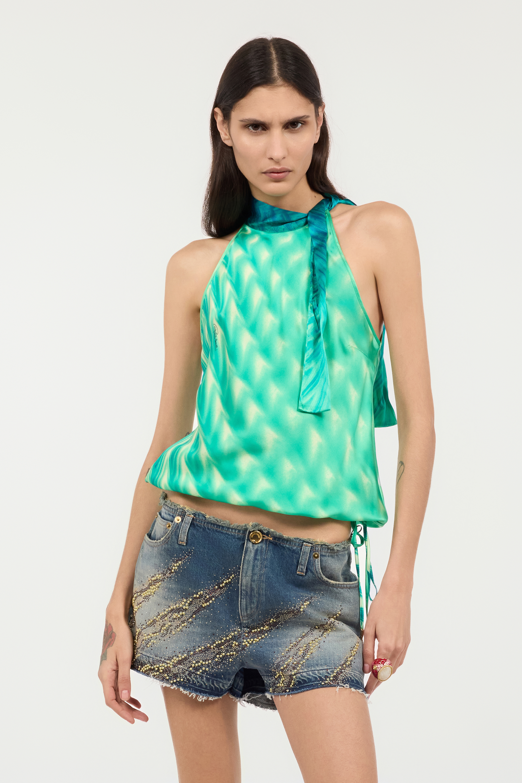 Roberto Cavalli Silk Top With Optical Glass Print In Verde