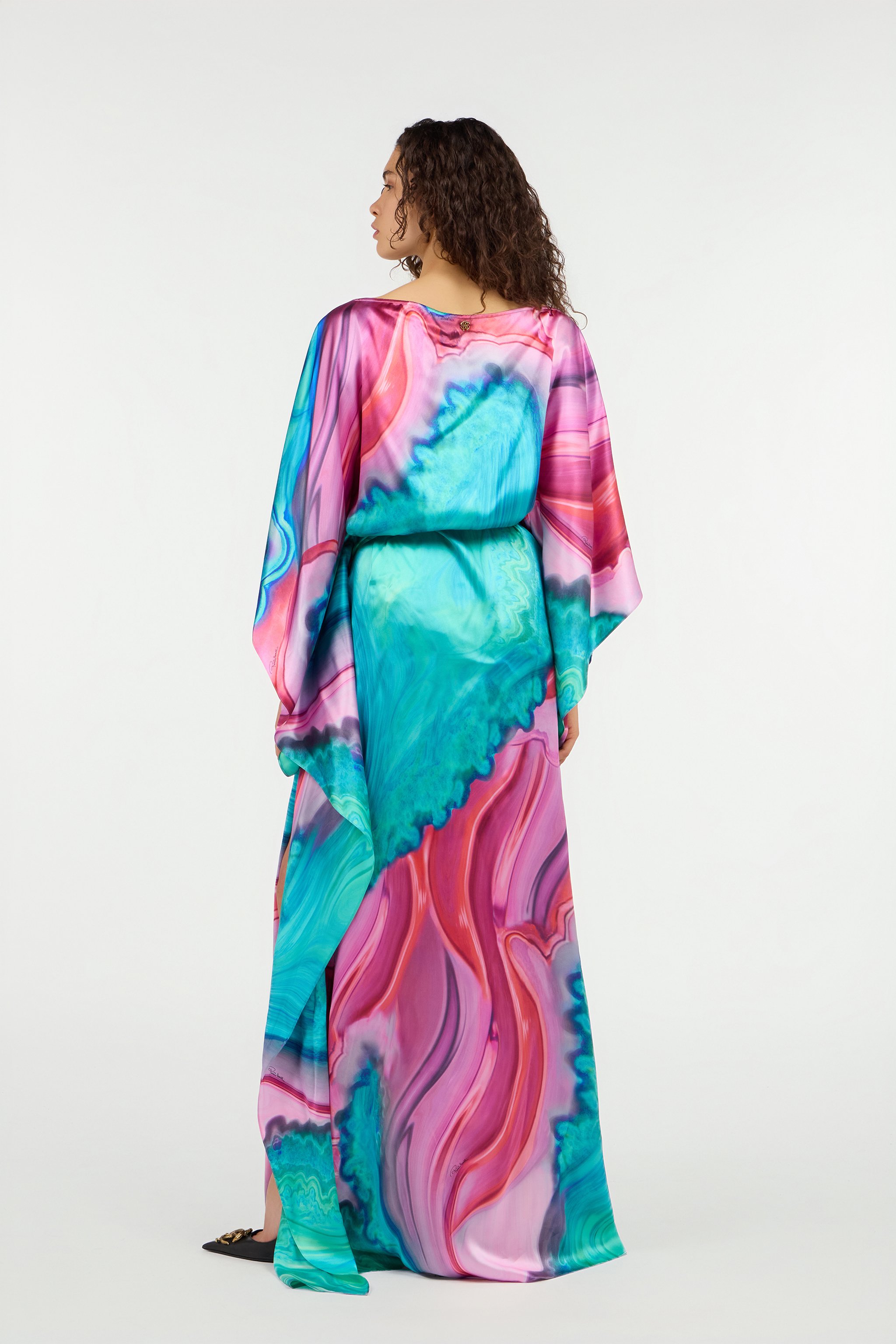 Roberto Cavalli Long Dress In Multicolor Marbled Silk In Multi