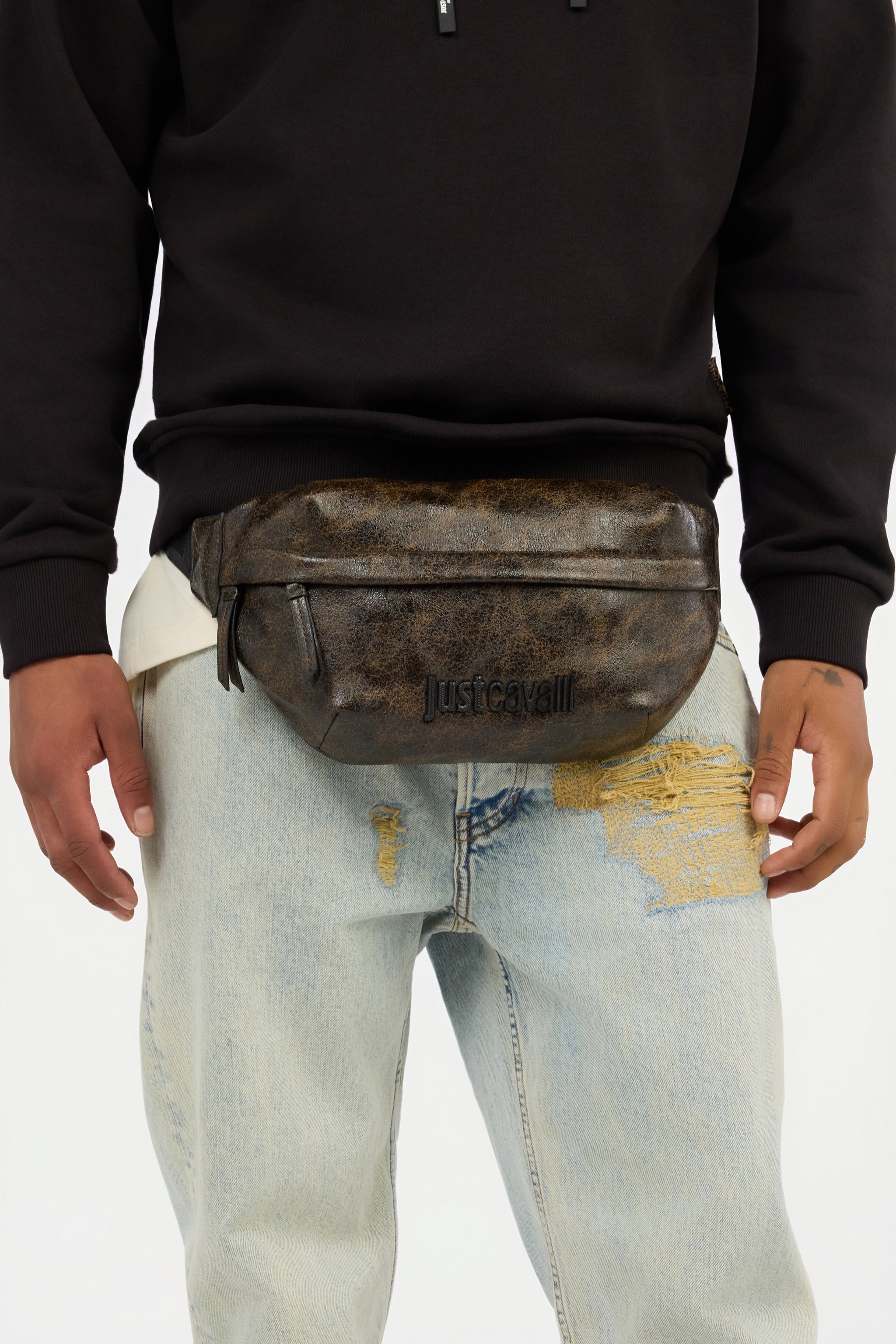 Roberto Cavalli Distressed-effect Brown Belt Bag In Brown