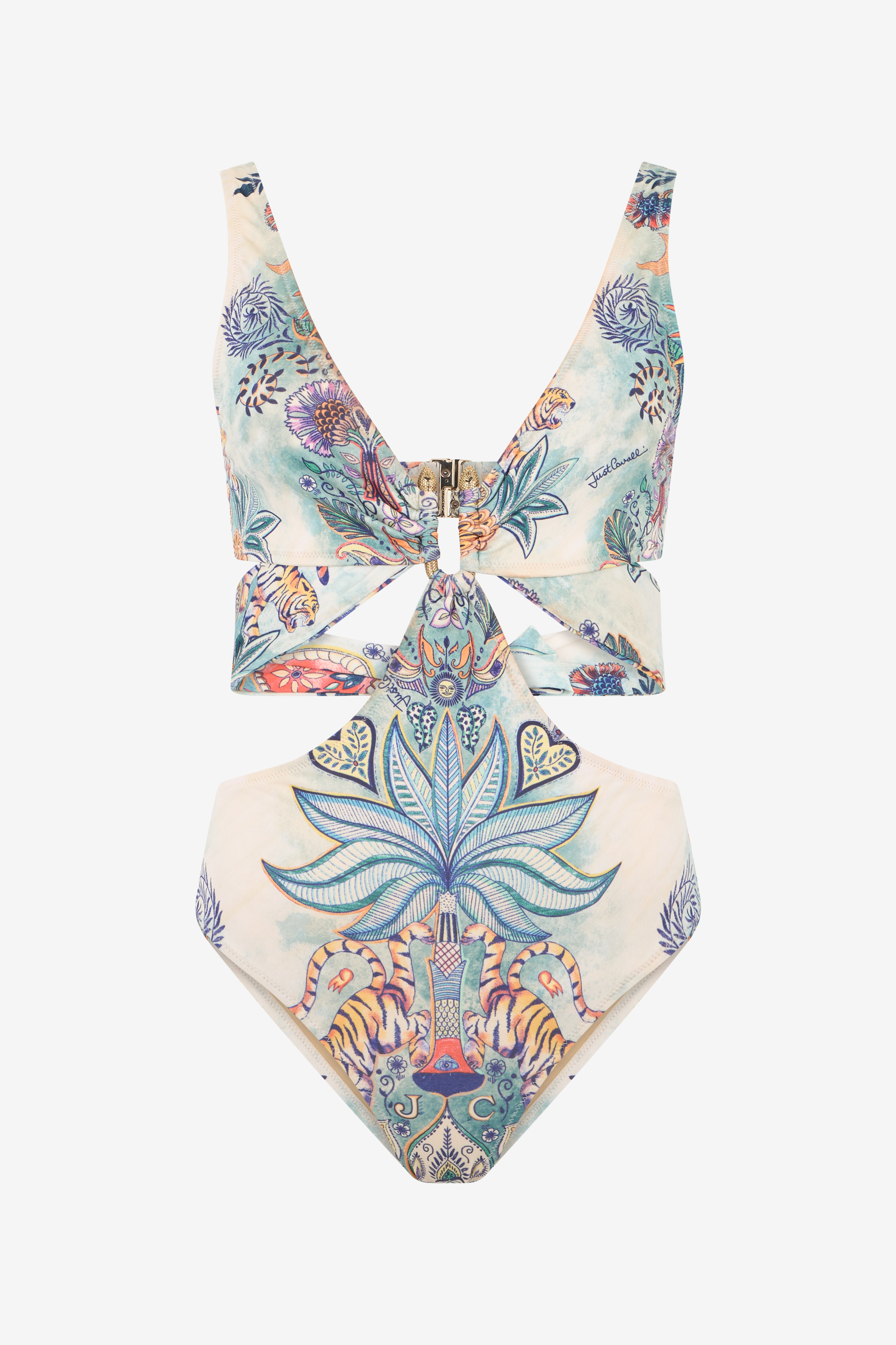 Roberto Cavalli Women's Black Tropical Garden Print One-Piece Swimsuit - Beachwear 217 Azzurro + 582 Ar
