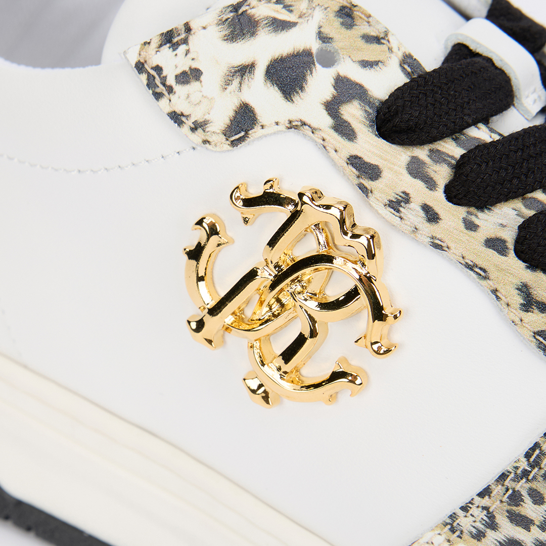 Roberto Cavalli Leopard Print Sneaker With Monogram Rc In White