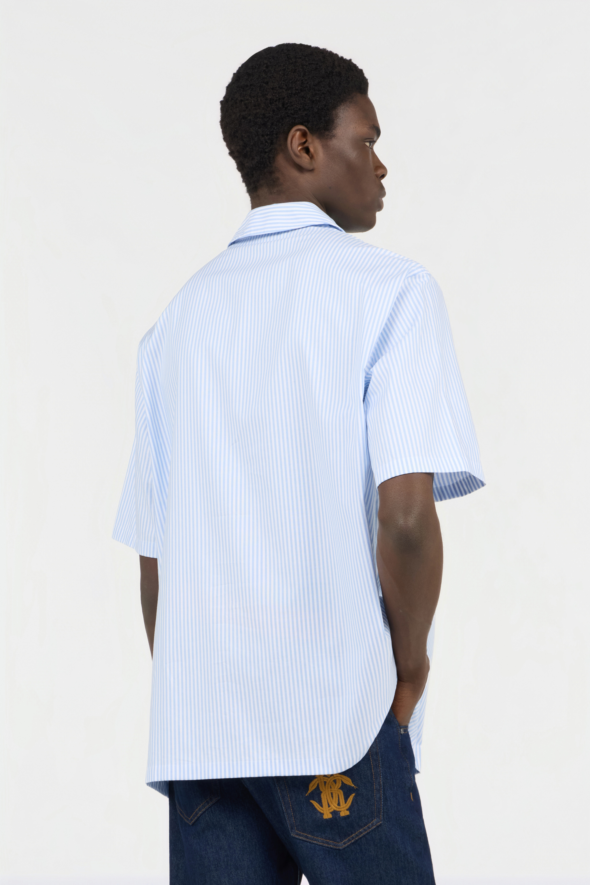  Roberto Cavalli Striped Cotton Shirt With Monogram Rc Patch - Male Ready To Wear White/blue Stripes M 