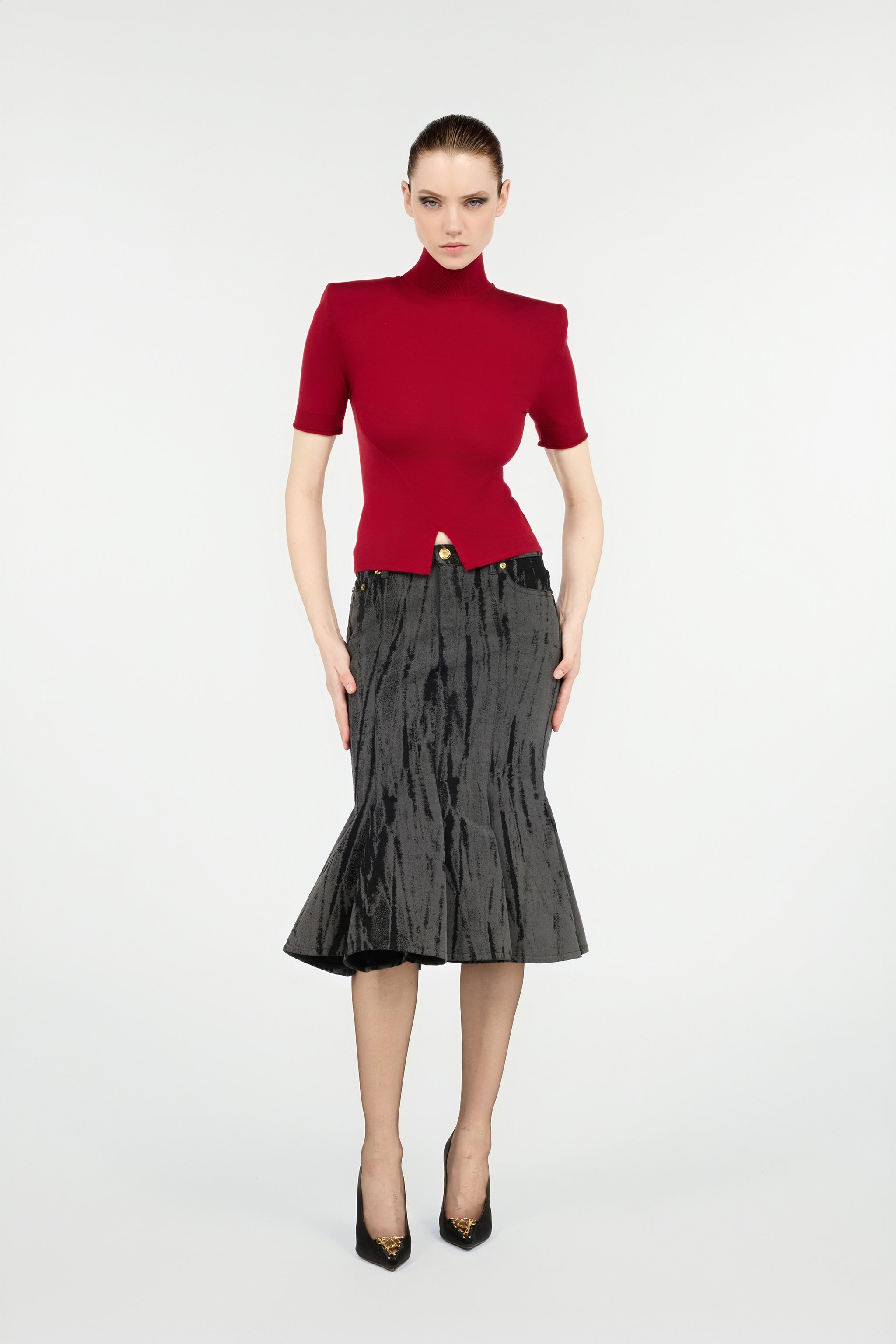 Roberto Cavalli Black Denim Skirt With A Streak Effect In Black
