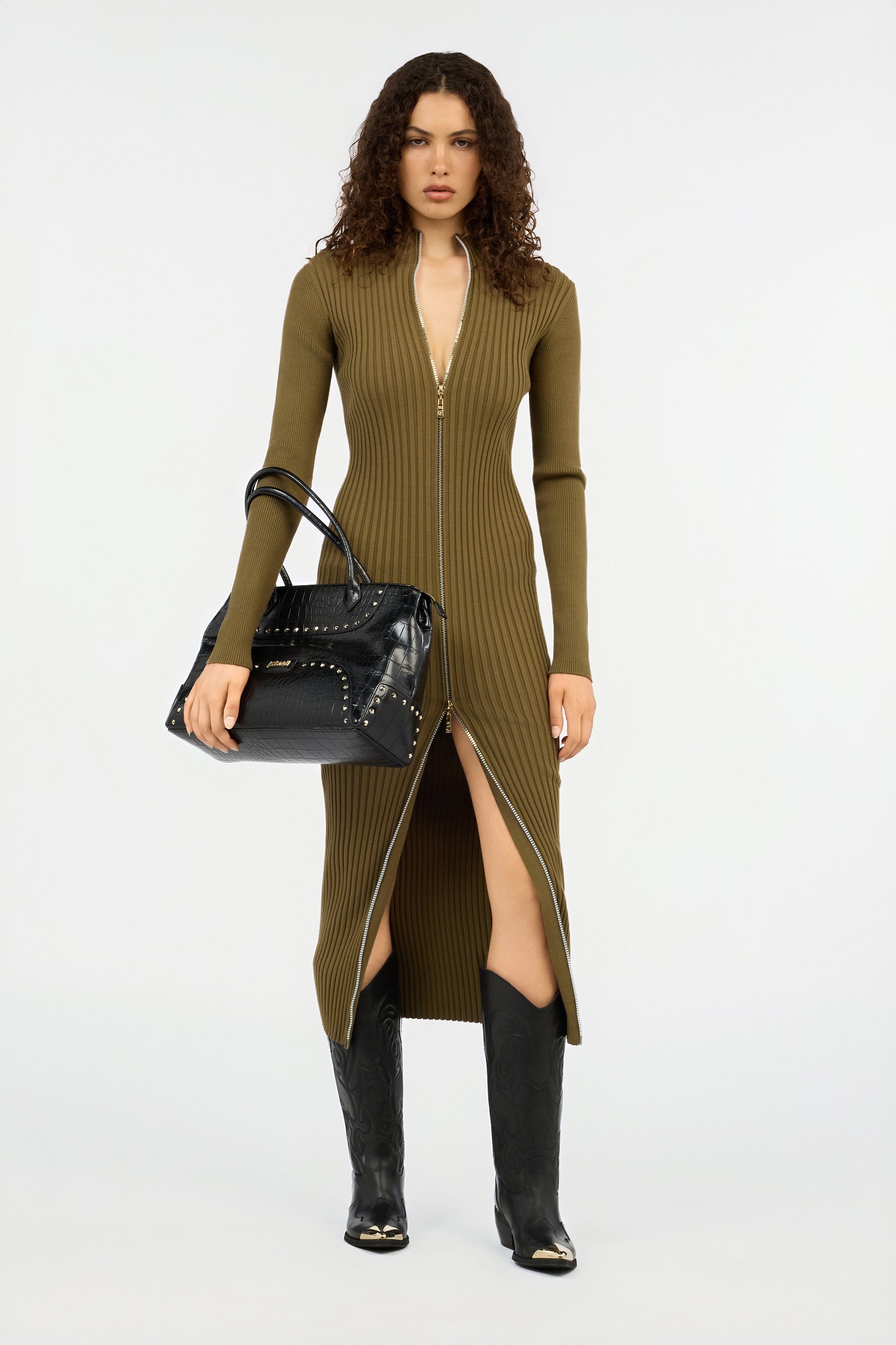 Ribbed-Knit Zip-Front Midi Dress