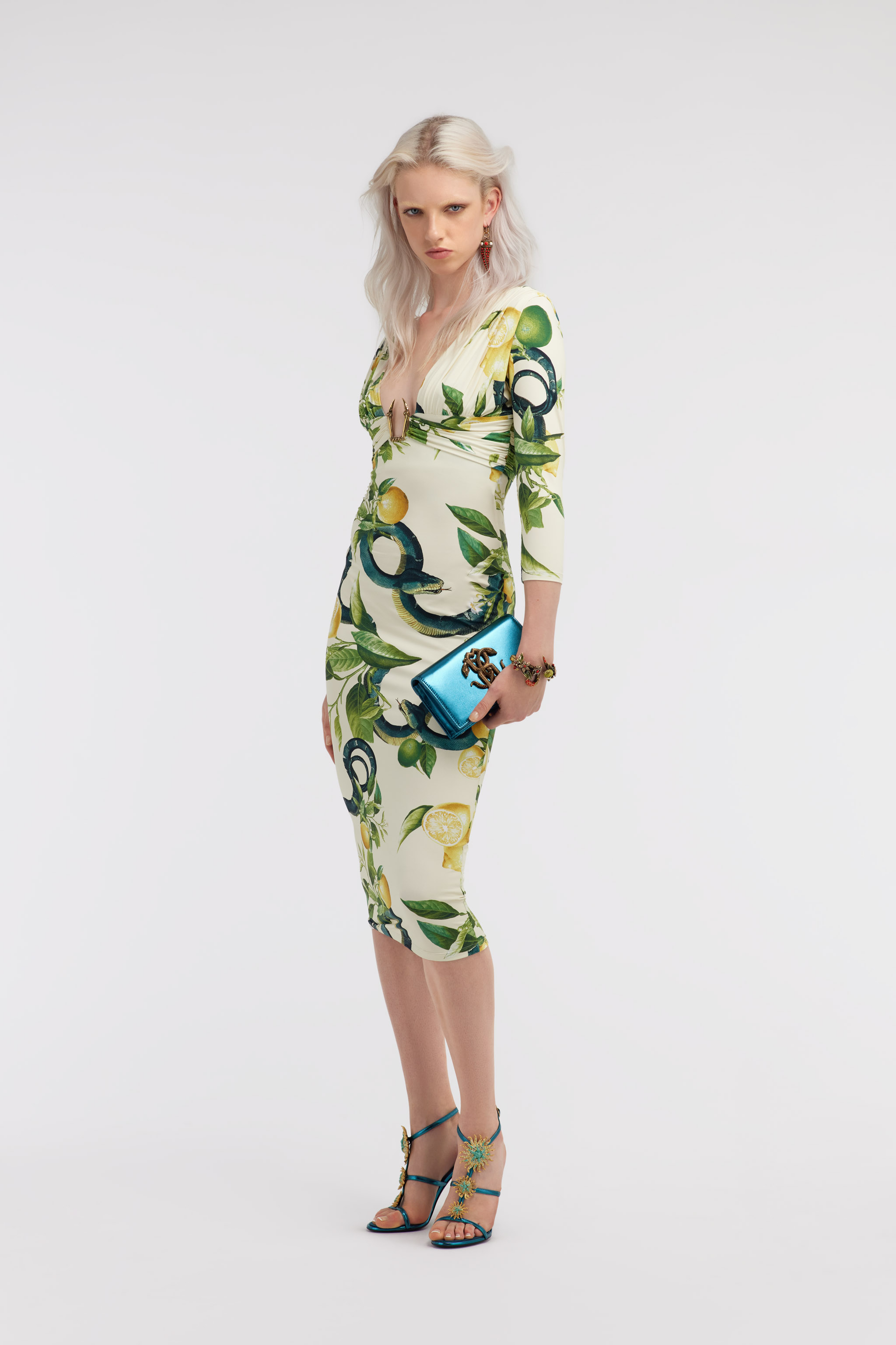 Roberto Cavalli Lemon Print Dress In Ivory