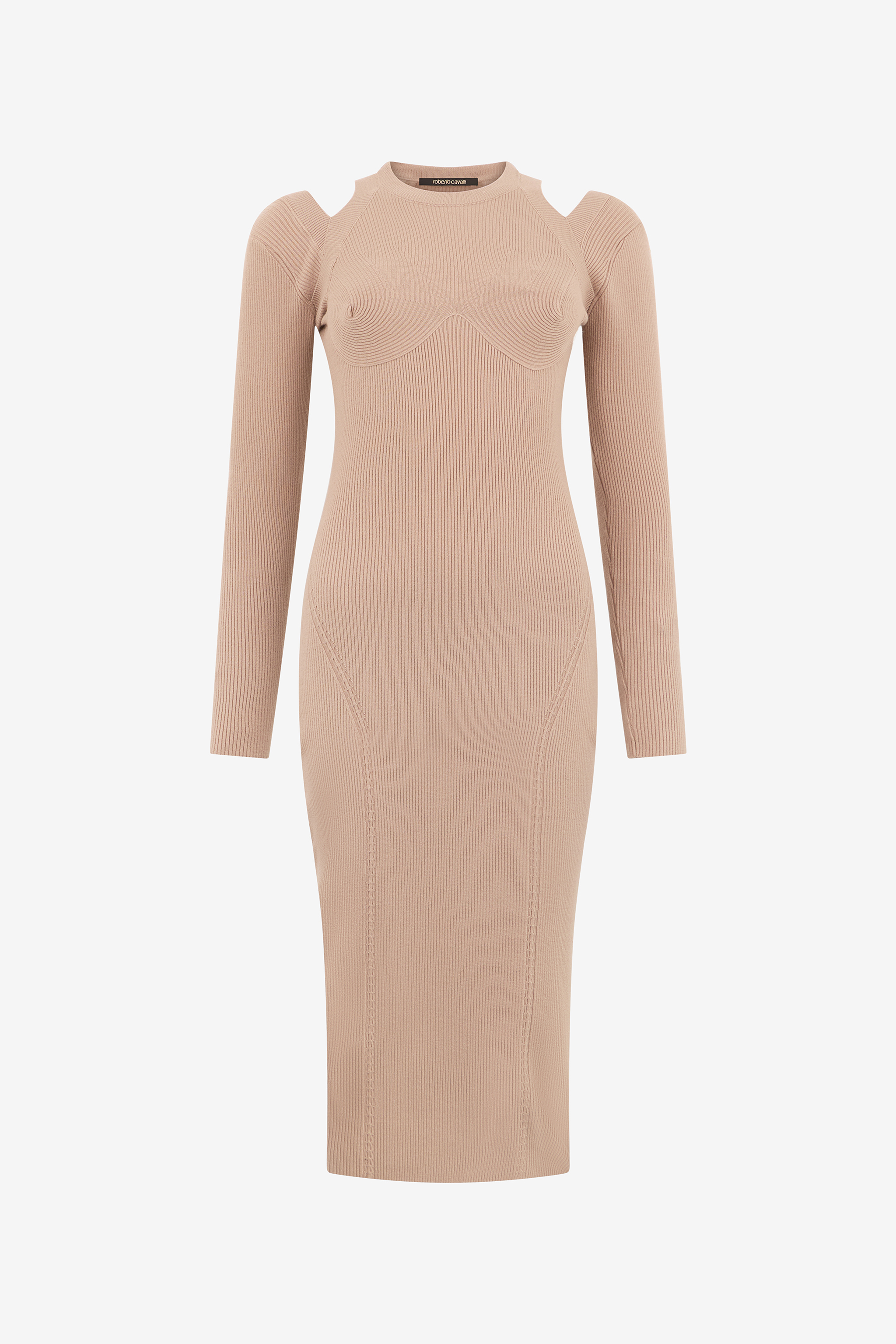 Roberto Cavalli Beige Cut-out Ribbed Midi Dress In Neutral