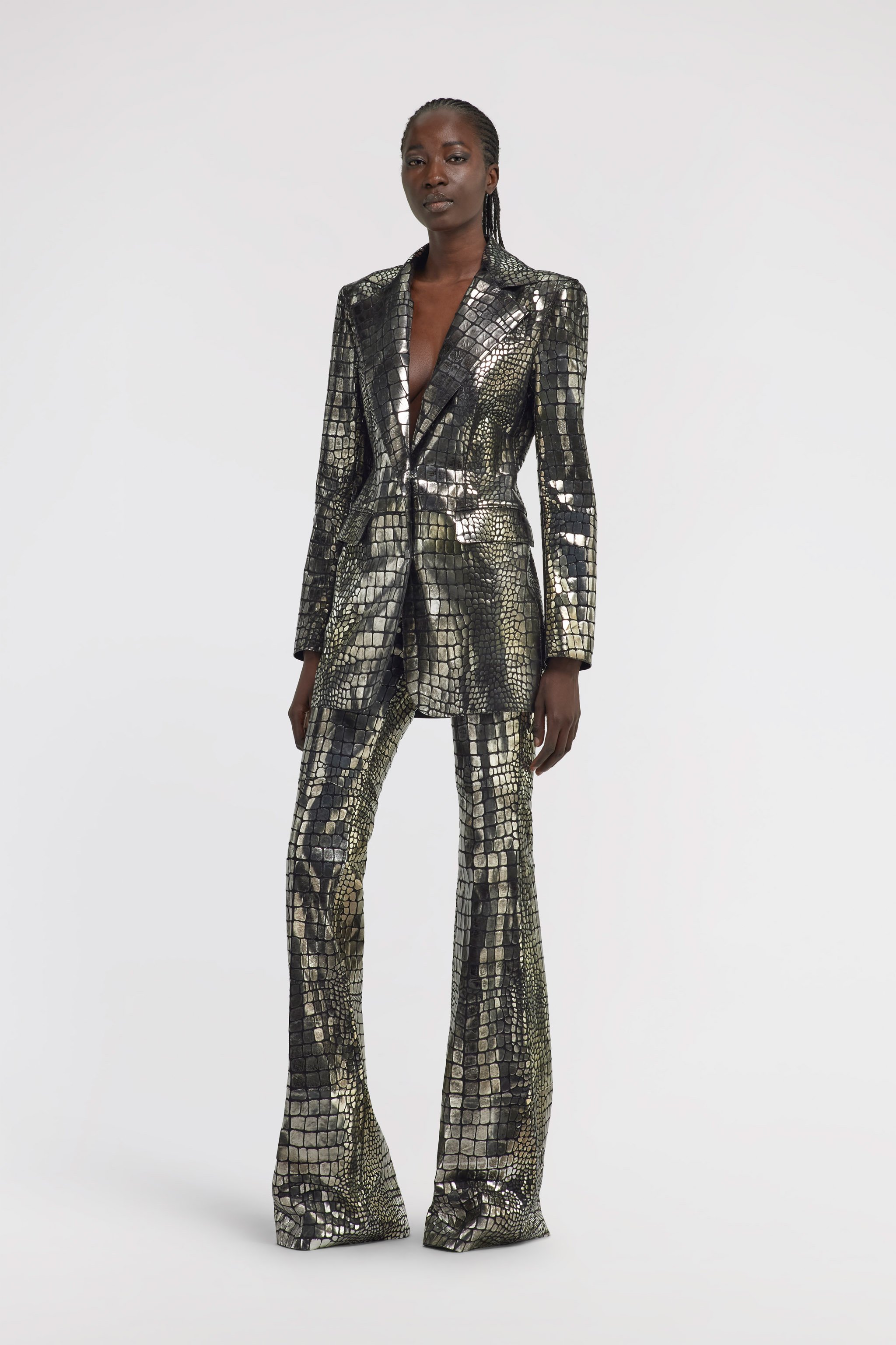 Roberto Cavalli Crocodile Effect Pants In Silver