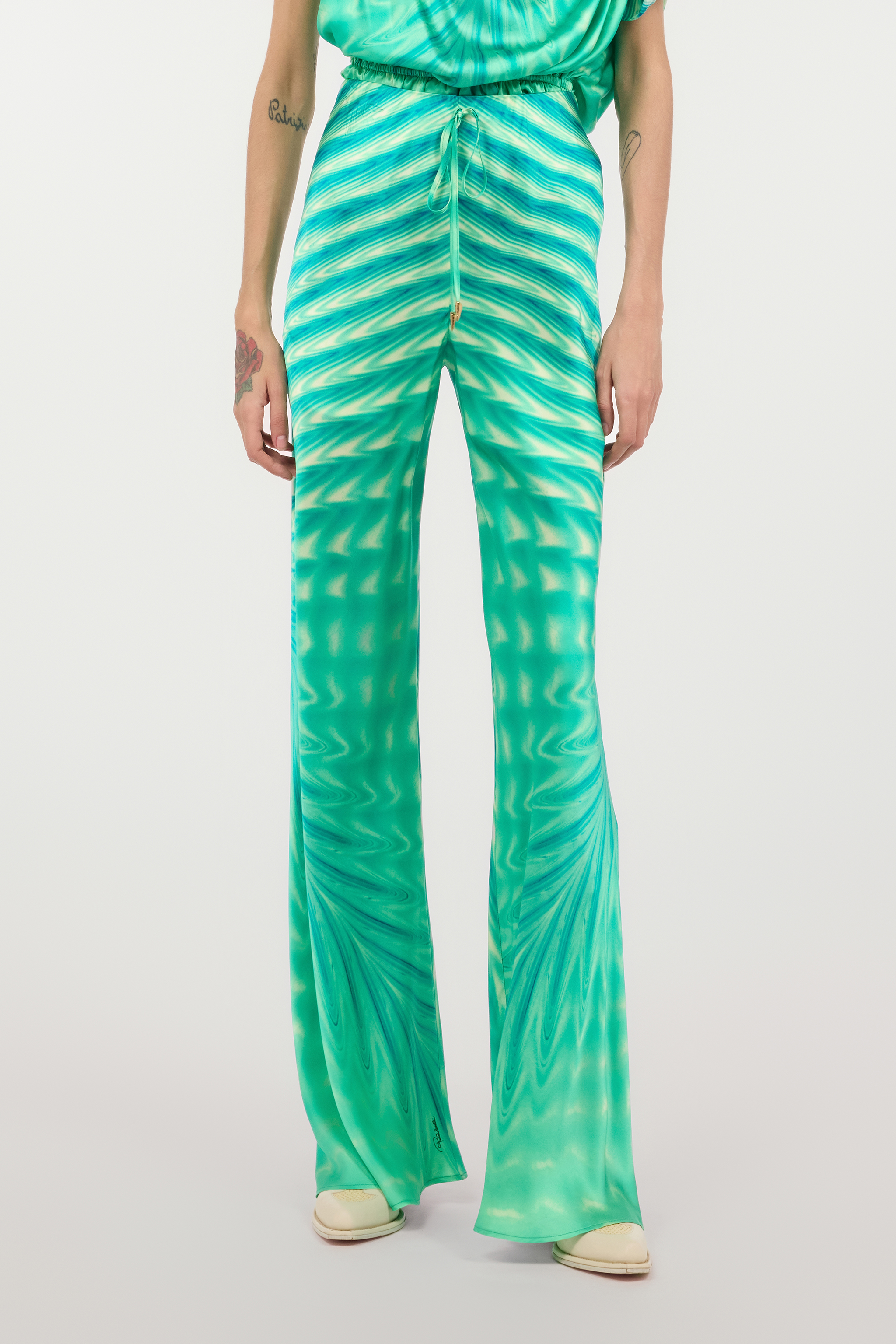 Roberto Cavalli Silk Pants With Optical Glass Print In Verde