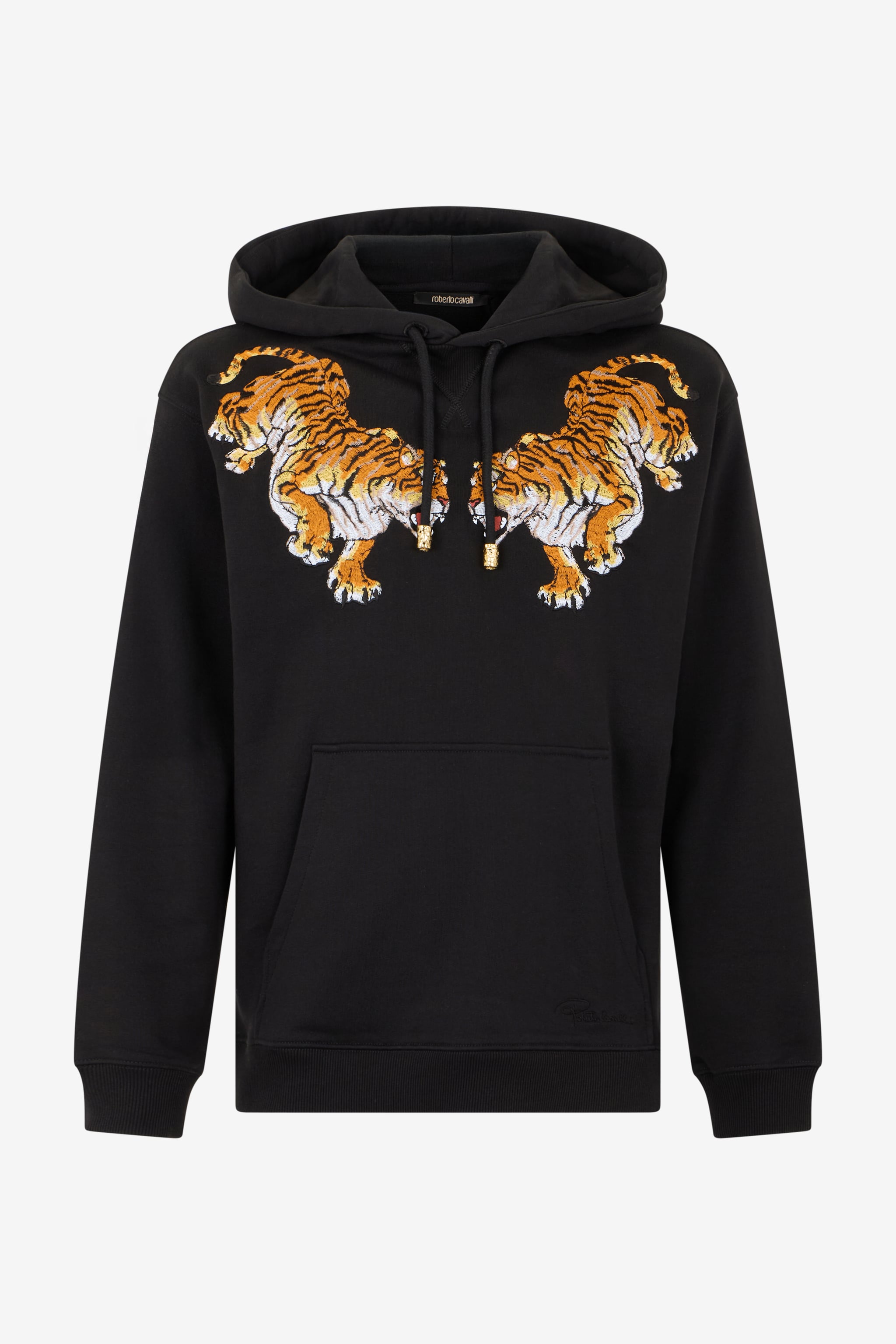 Roberto Cavalli Black Hooded Sweatshirt With Tiger Embroidery