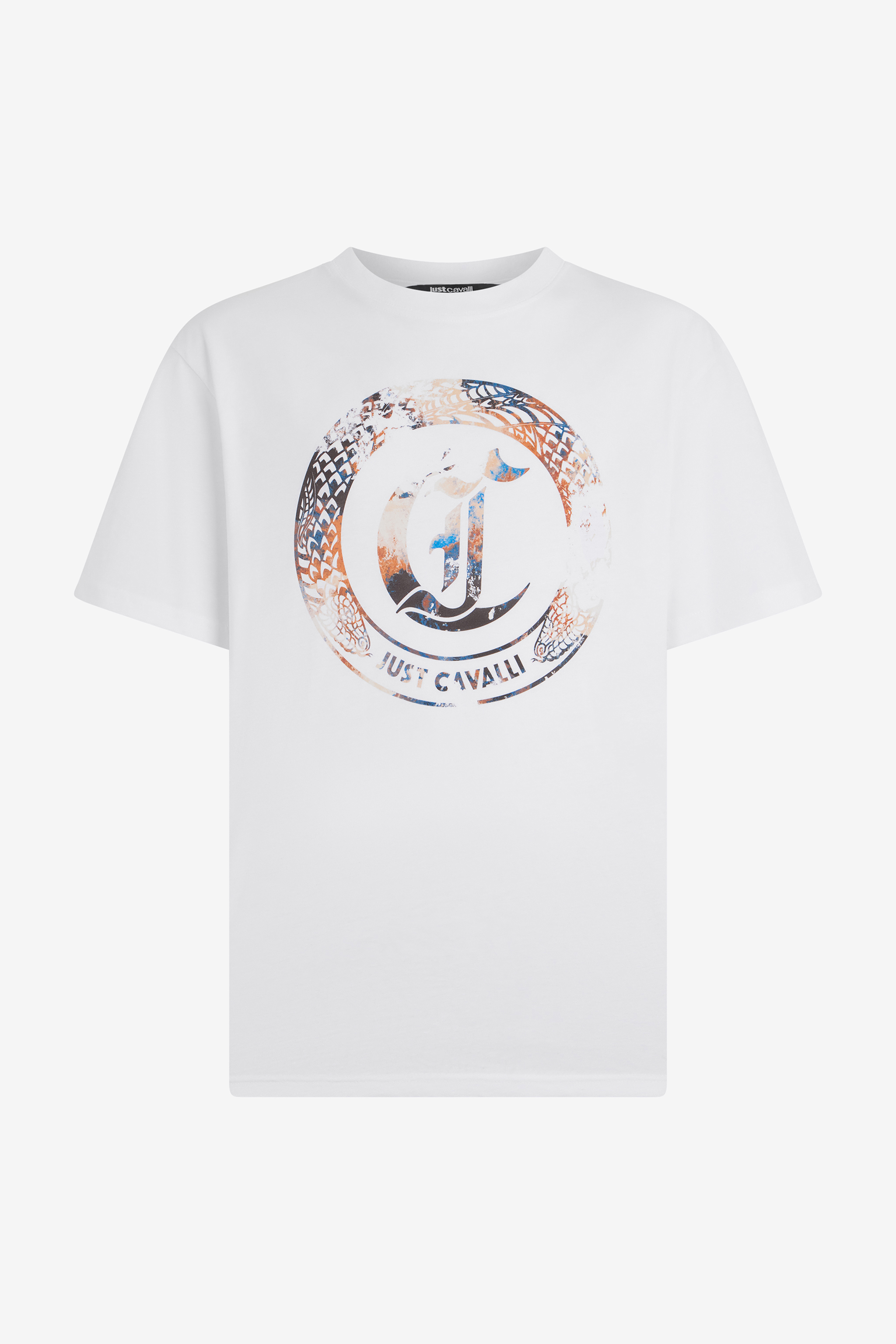 Roberto Cavalli Men's White T-Shirt With Jc Monogram And Logo - T-Shirts