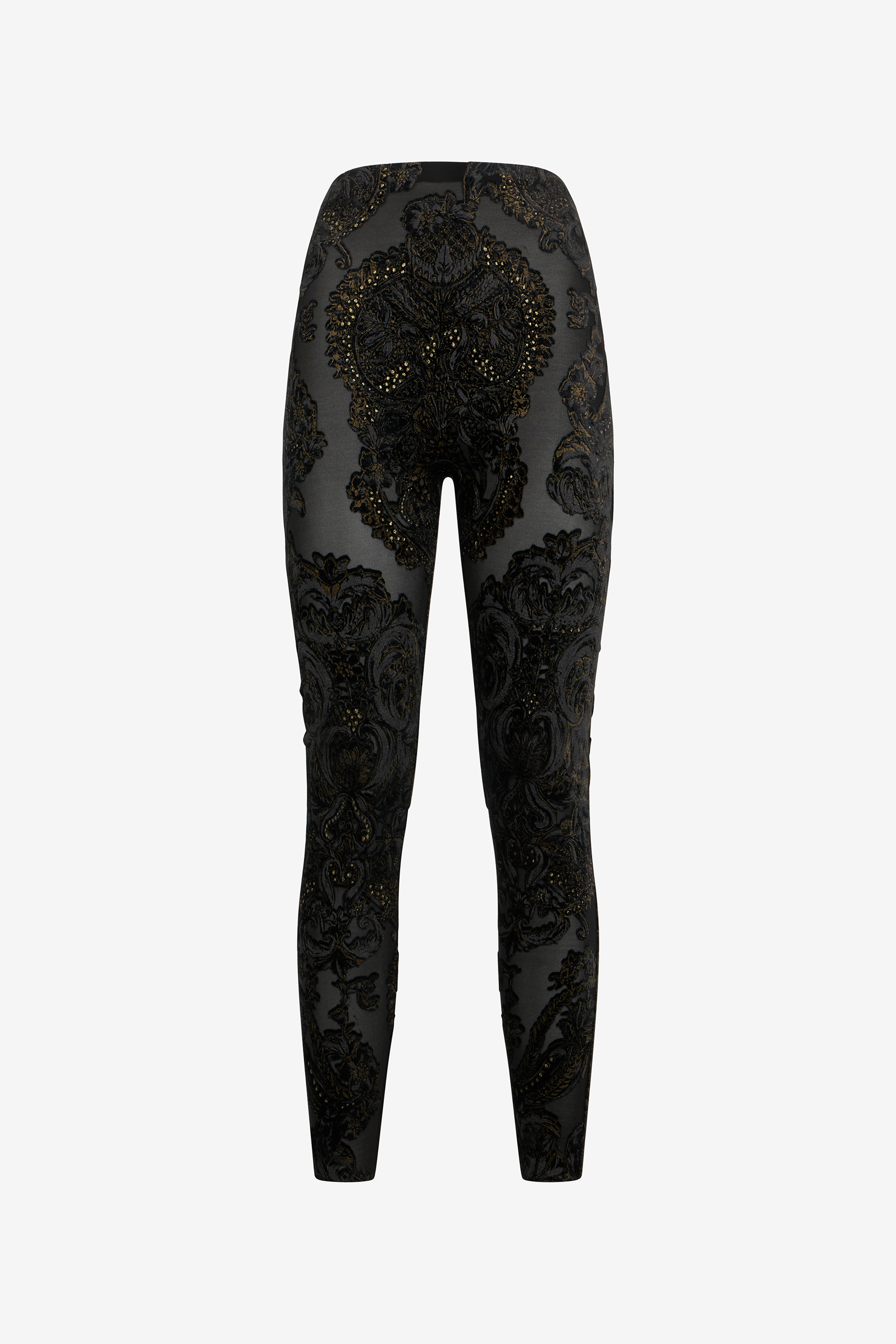 Roberto Cavalli Women's Black Devoré Chenille Leggings With Ornamental Print - Trousers & Shorts