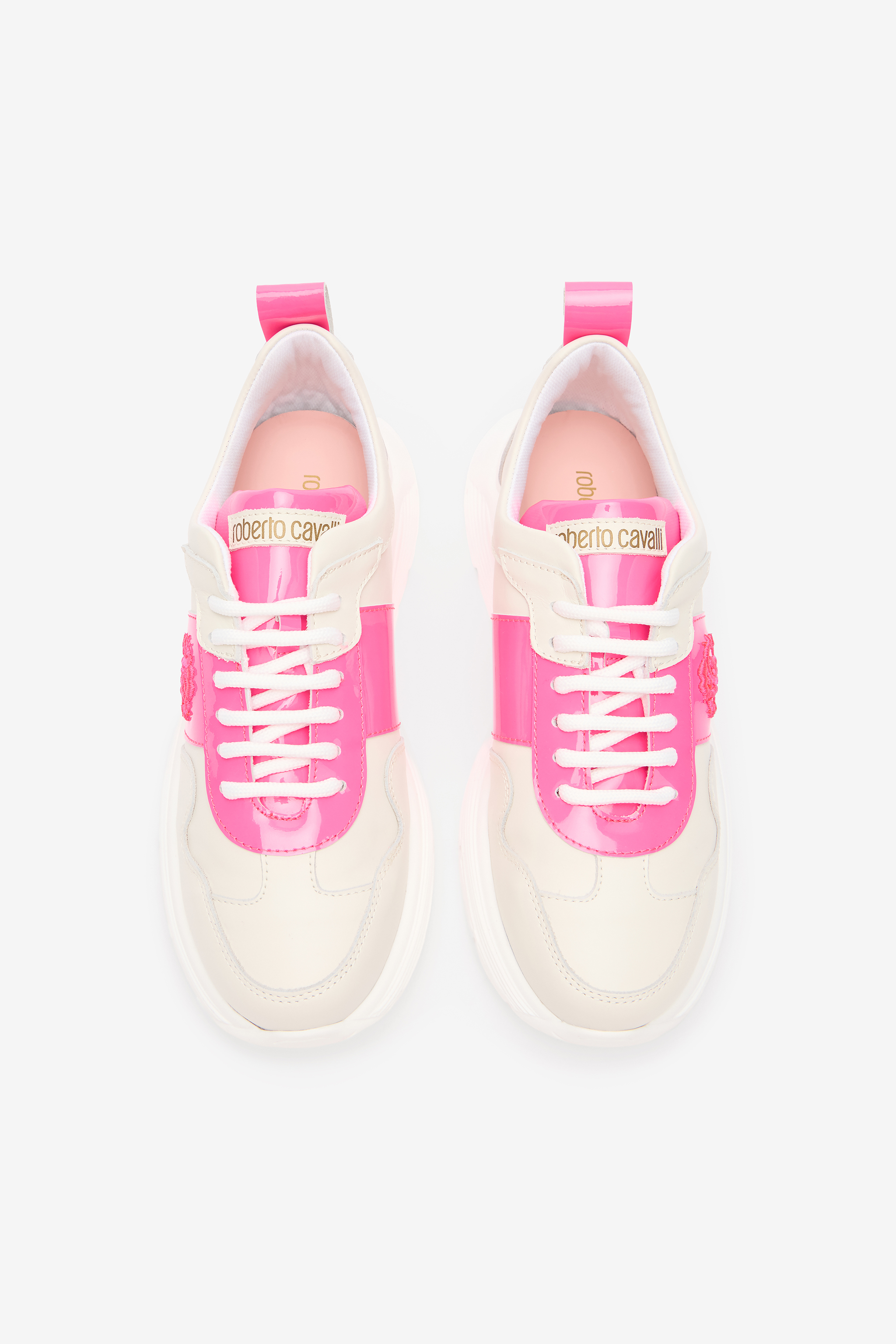 Roberto Cavalli White And Pink Leather Running Shoes With Monogram Rc In White