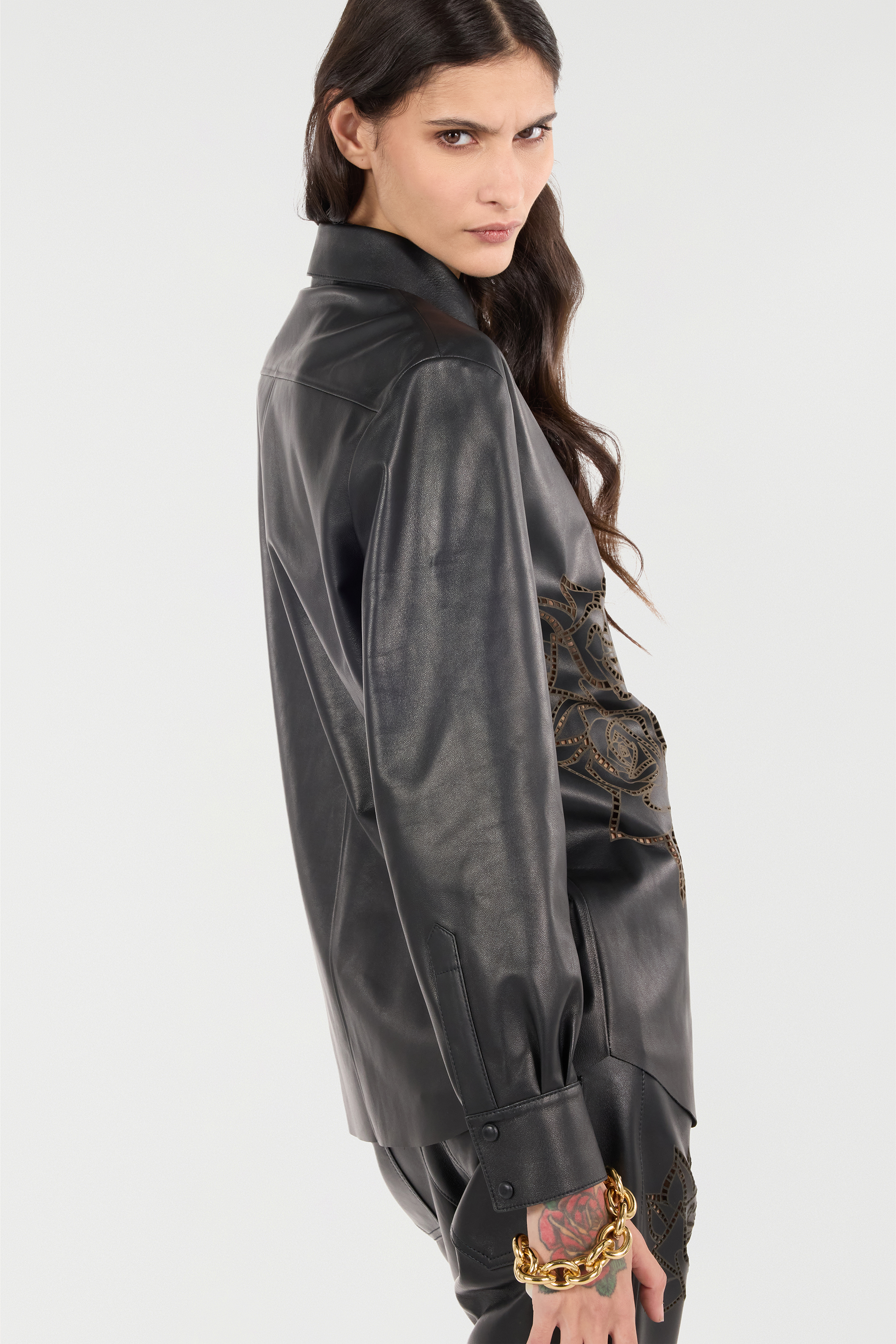Roberto Cavalli Leather Shirt With Perforated Roses In Black