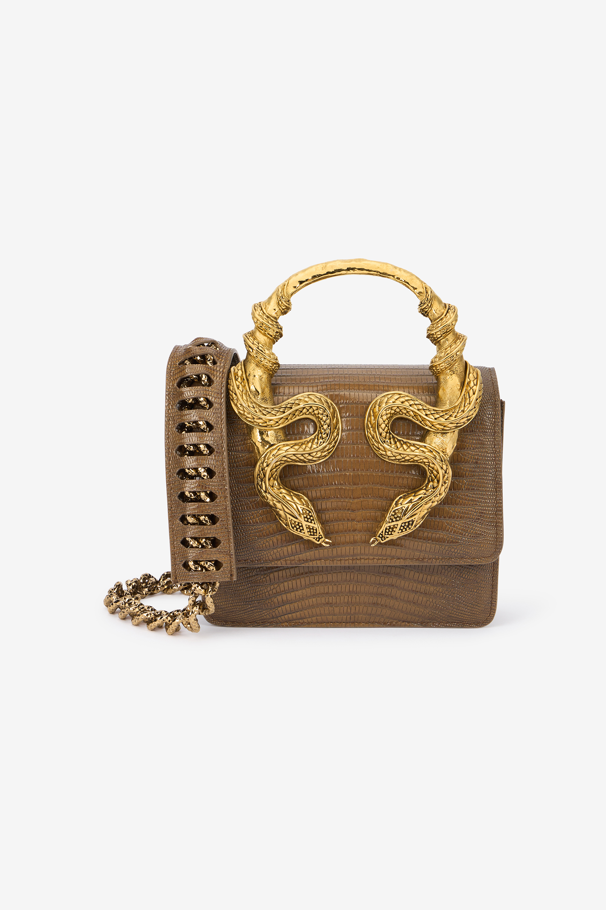 Roberto Cavalli Snake-embellished Leather Shoulder Bag In Brown