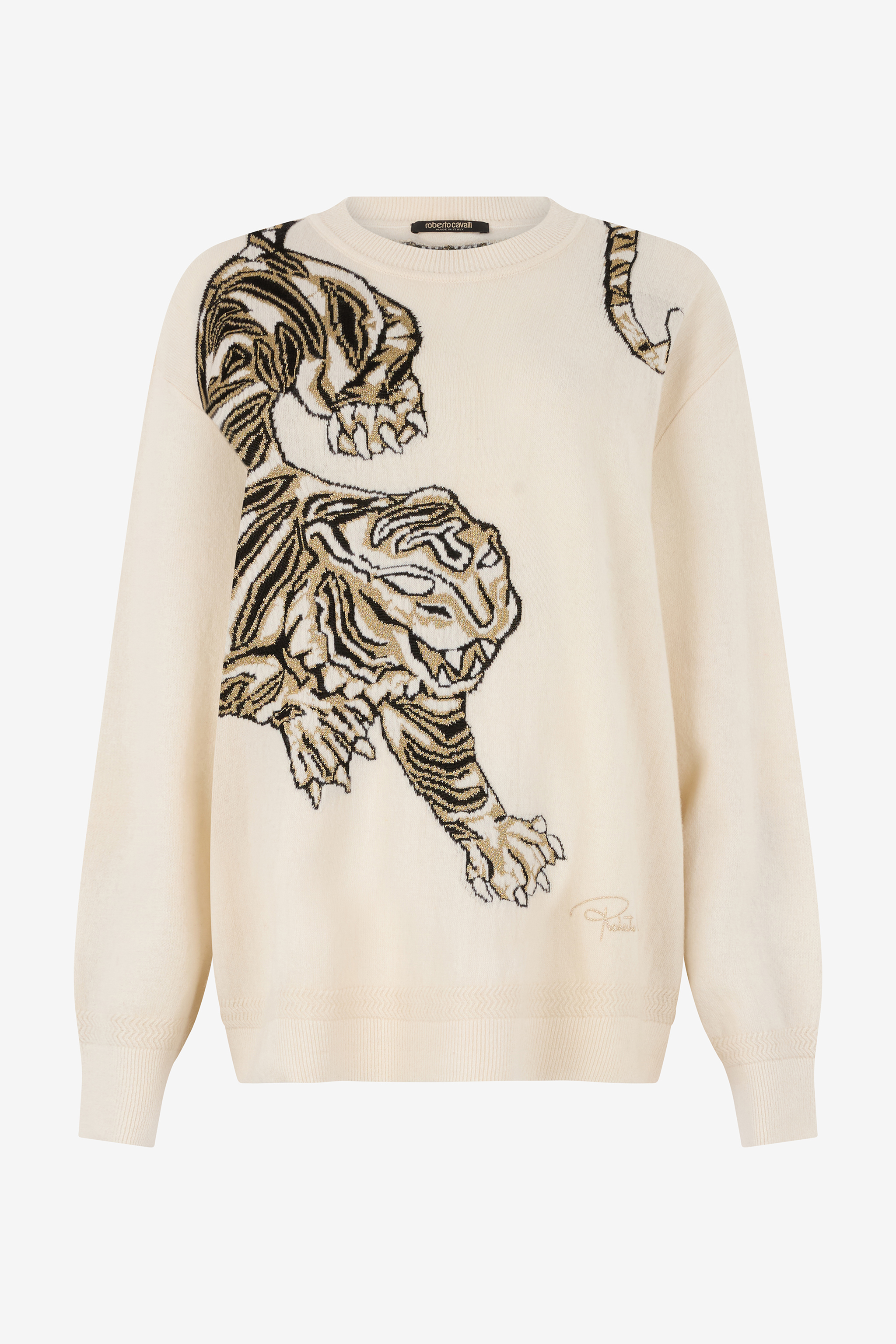 Roberto Cavalli Wool Jumper With Tiger Motif - Female - Round-Neck Knitwear - Beige - S - Knitwear - Image 2