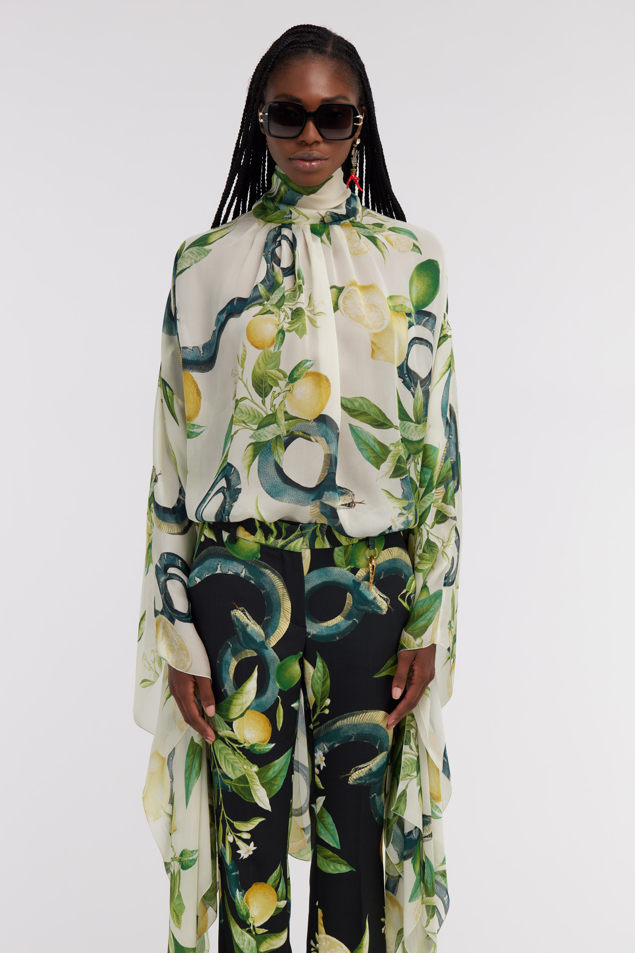 Roberto Cavalli Lemon-print Elongated-sleeve Blouse In Ivory