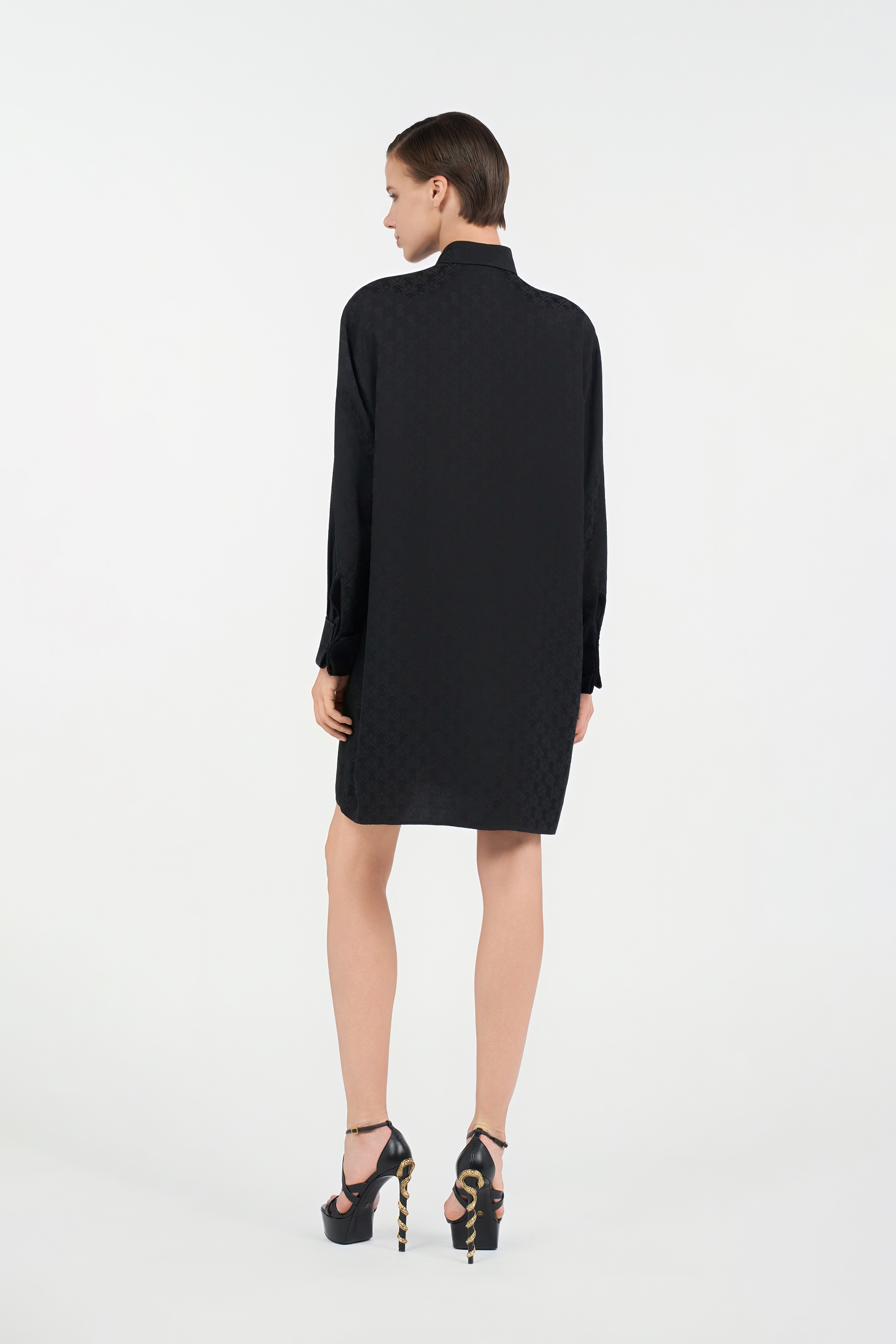 Roberto Cavalli Silk Mini Shirt Dress With Monogram Rc In Brown